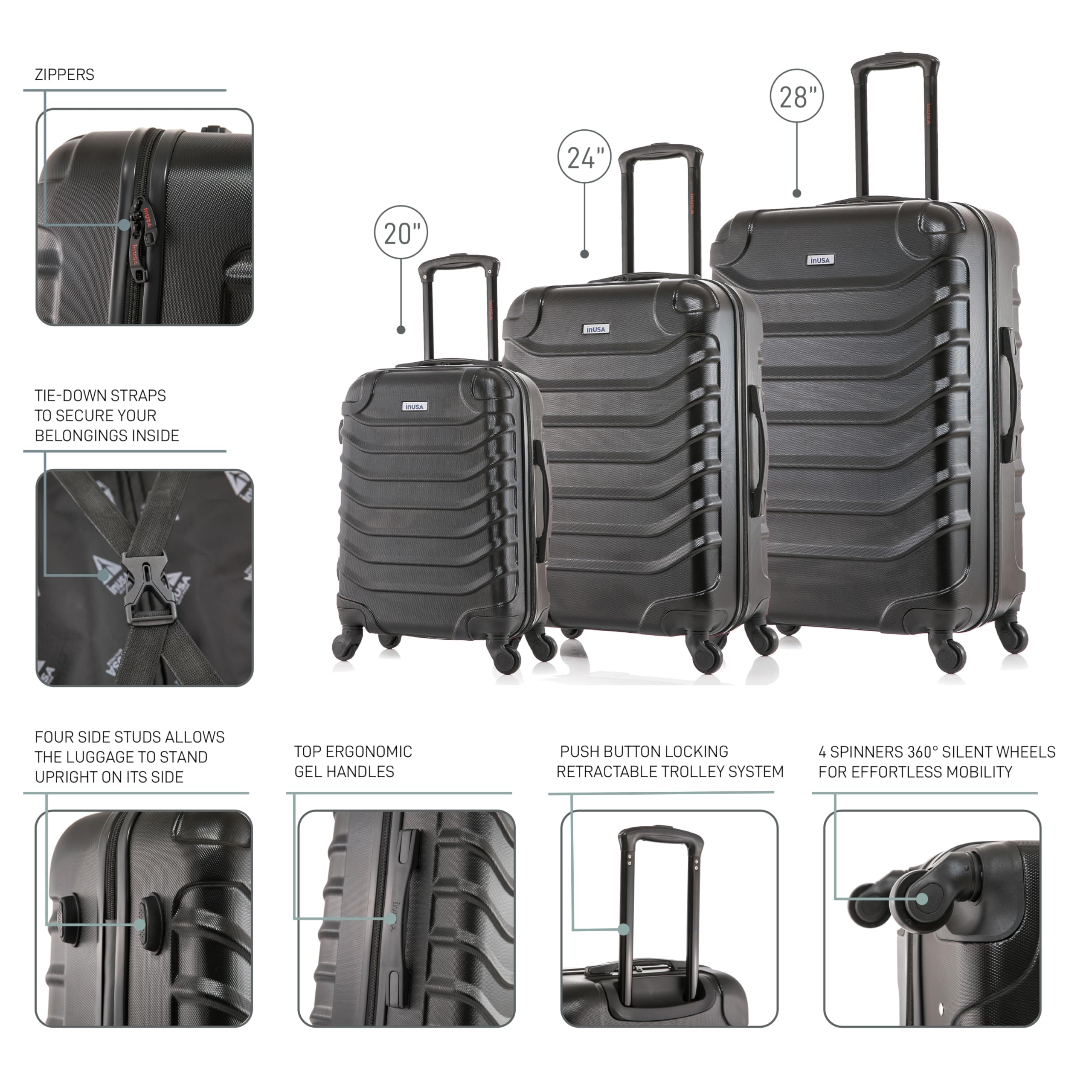 InUSA ENDURANCE 3-Piece Hardshell Luggage Set with Spinner Wheels - 20in, 24in & 28in Lightweight Durable Suitcases for Travel - Black Carry-On & Check-In Bags for Business Trips, Vacations & Family Getaways