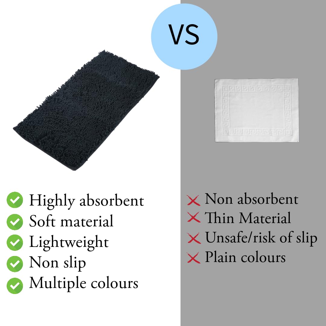 AIREEFAIREE Super Soft Chenille & Foam Bath Mat - Non-Slip, Washable Bathroom Rug for Shower, Toilet & Vanity - Black