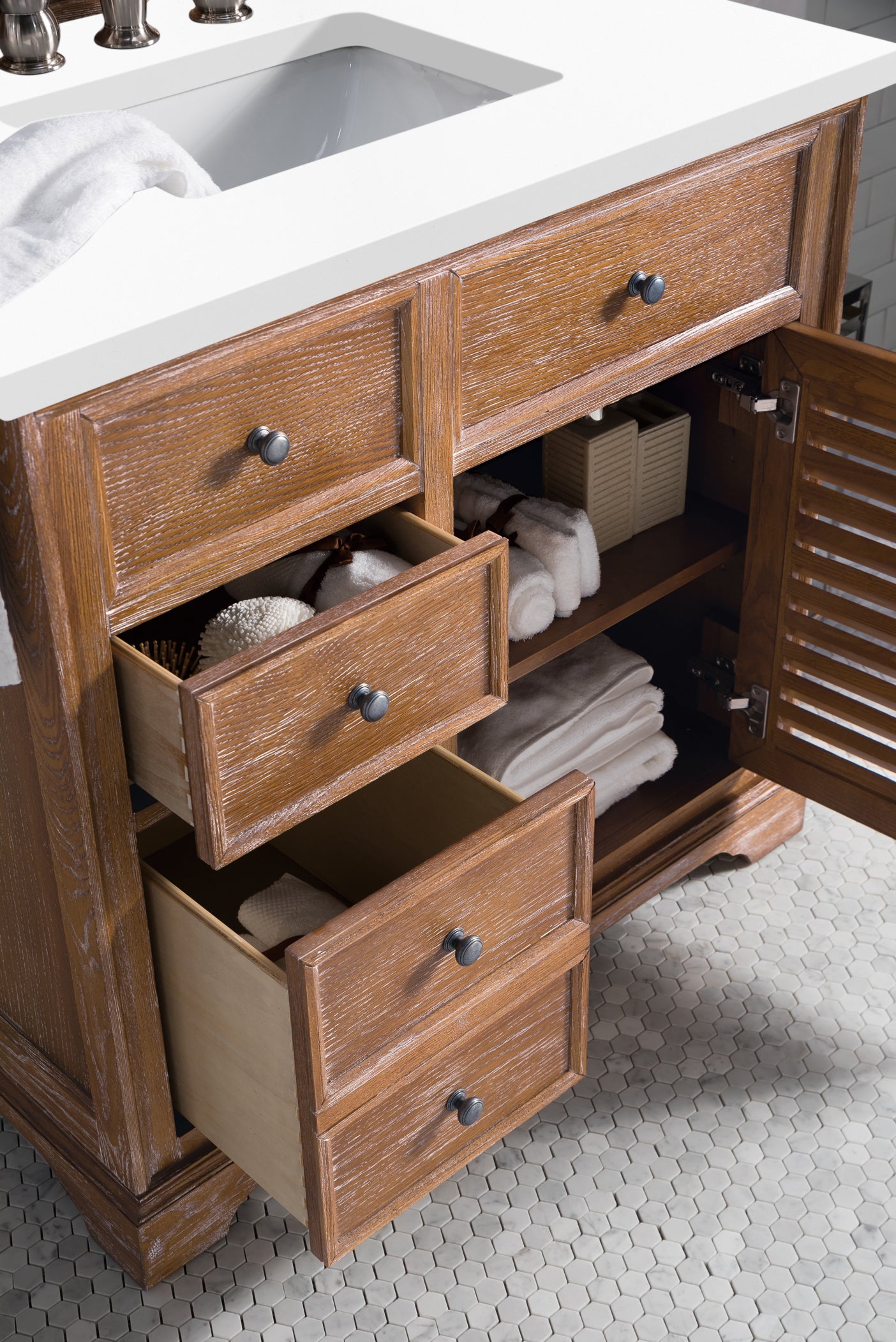 Savannah 36 Inch Single Vanity Cabinet in Driftwood Finish with 3CM Classic White Quartz Top - Perfect for Bathroom Remodeling and Modern Home Decor