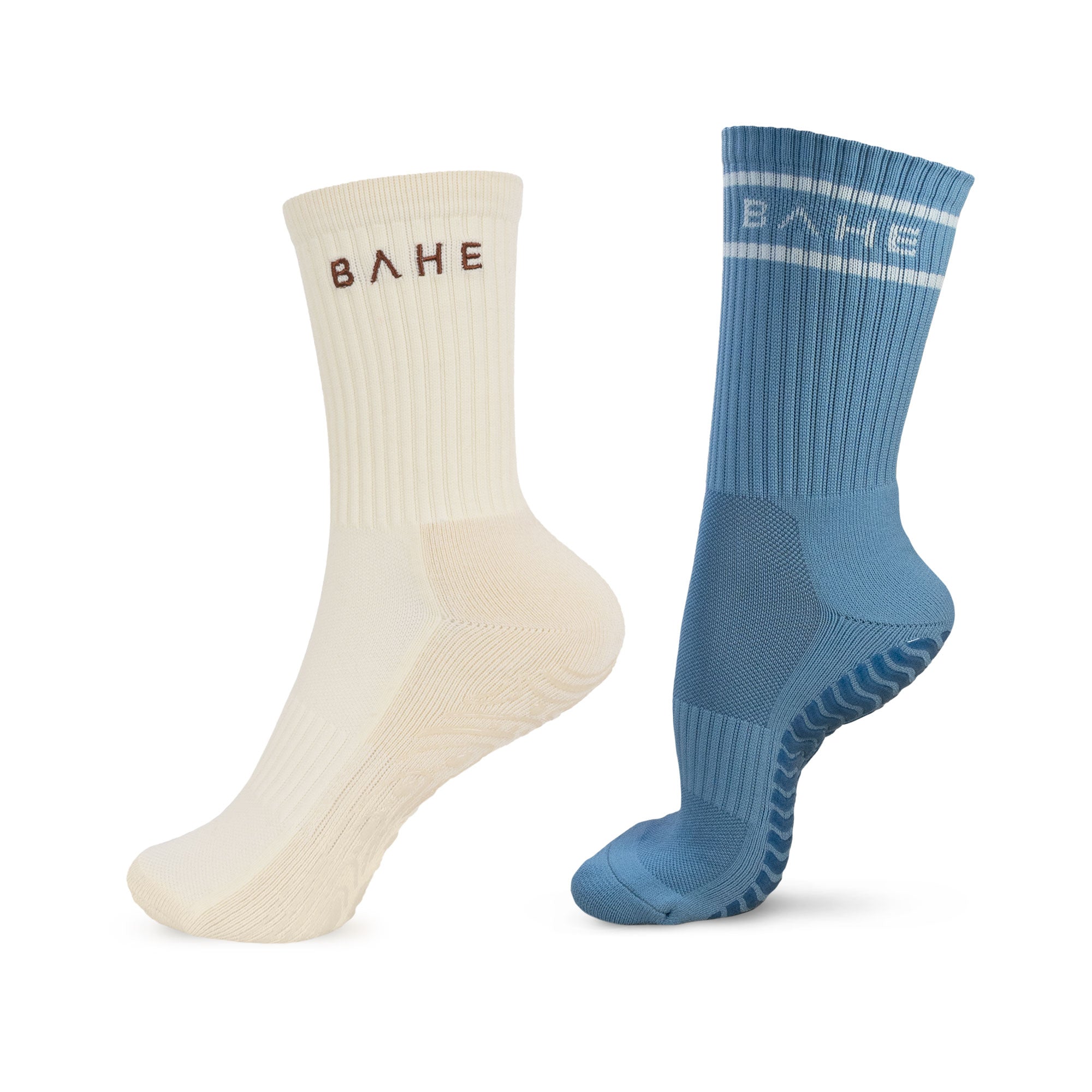 BAHE Studio Non-Slip Grippy Crew Socks 2 Pairs - Coconut & Powder Blue - Comfortable Anti-Slip Socks for Yoga, Pilates, Workout and Home Use