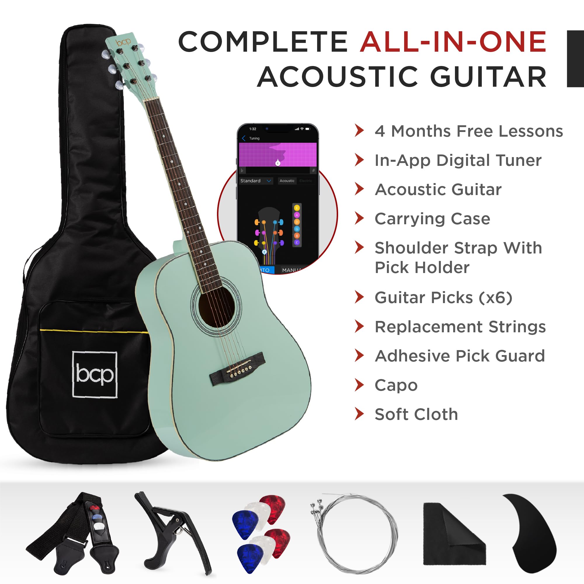 Best Choice Products 41-inch Full Size Beginner Acoustic Guitar Starter Set with Gig Bag, Strap, Capo, Extra Strings & Picks - SoCal Green | All Wood Construction for Rich Sound | Perfect for Beginners, Campfires & Home Performances