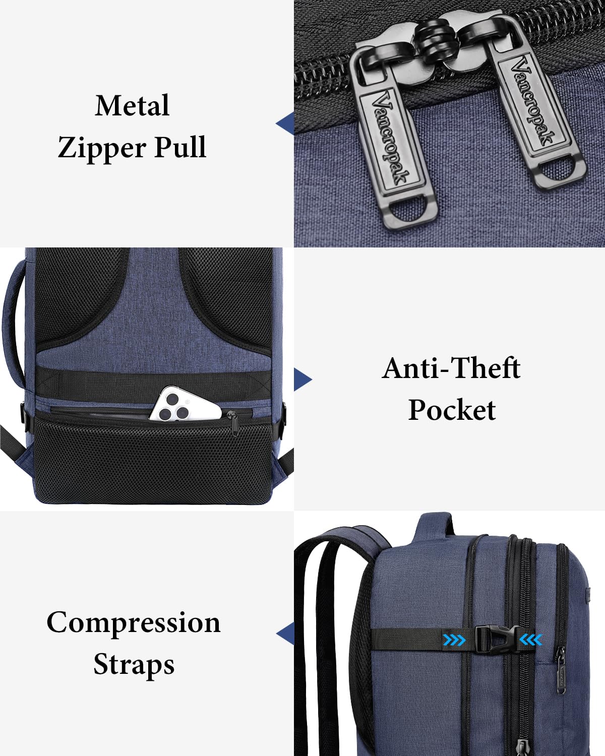 Vancropak 45L Carry On Backpack - TSA Approved Expandable Travel Backpack with 3 Packing Cubes for Men & Women, Water Resistant Weekender Bag, Perfect for Air Travel, Hiking & Daily Commute (Blue)