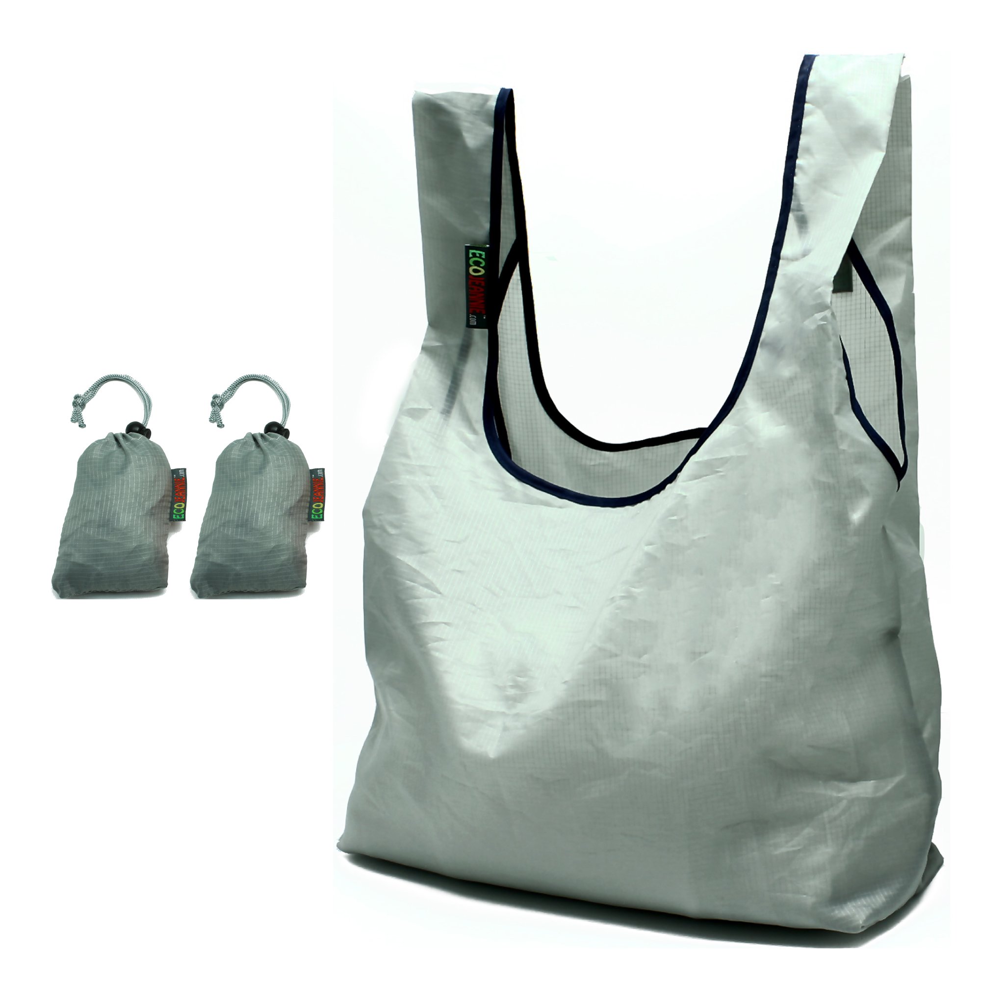 2 Pack Heavy Duty Ripstop Nylon Foldable Reusable Grocery Tote Bags with Built-in Storage Pouch - Durable Shopping Bags for Groceries, Beach, Travel & Camping (Gray+Gray:RBS207)