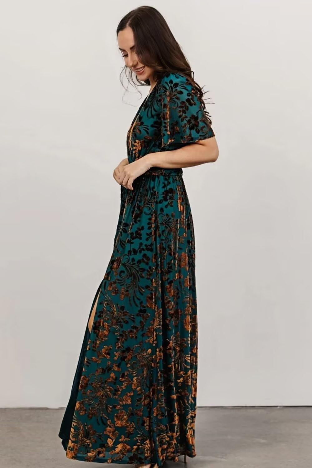 Women's Floral Velvet Wrap Dress - Short Sleeve V-Neck Cocktail & Formal Maxi Dress with Slit | Perfect for Evening Parties, Weddings & Special Occasions
