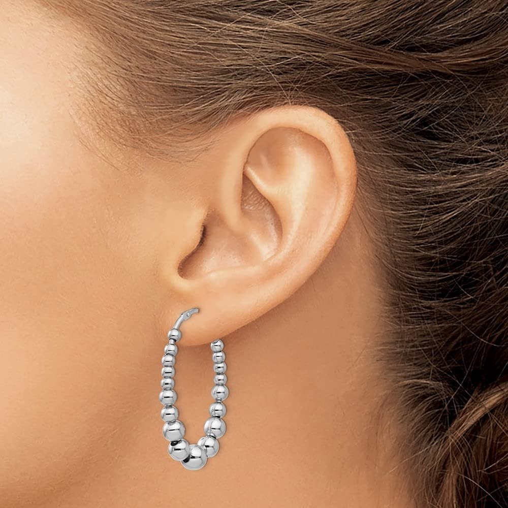 Sterling Silver Polished Beaded Hoop Earrings for Women - 1.45 Inch Large Hoops, 0.9 Inch Width - Elegant Dangle Earrings for Party, Wedding, Gift & Everyday Wear
