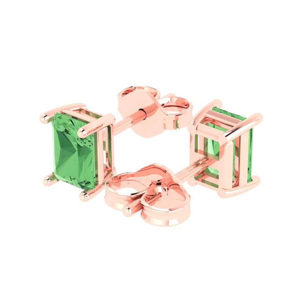 2.0 Carat Emerald Cut Solitaire Stud Earrings - Green Nano Simulated Diamond for Anniversary Gift - 14K Rose Gold Push Back - Perfect for Weddings, Parties & Special Occasions