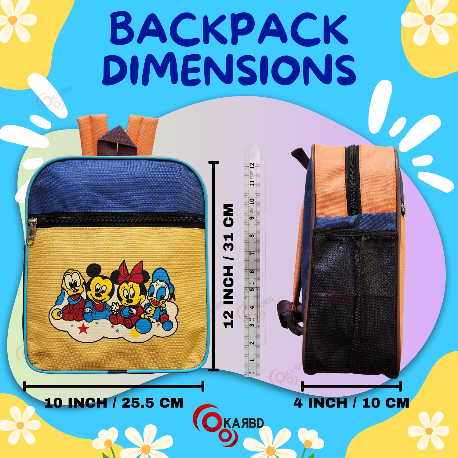KARBD 12 Inch Kids Backpack for Boys & Girls - Mickey Mouse Cartoon Design School Bag with Multiple Pockets & Water Bottle Holder (Yellow & Blue) - Perfect for School, Travel & Daily Use