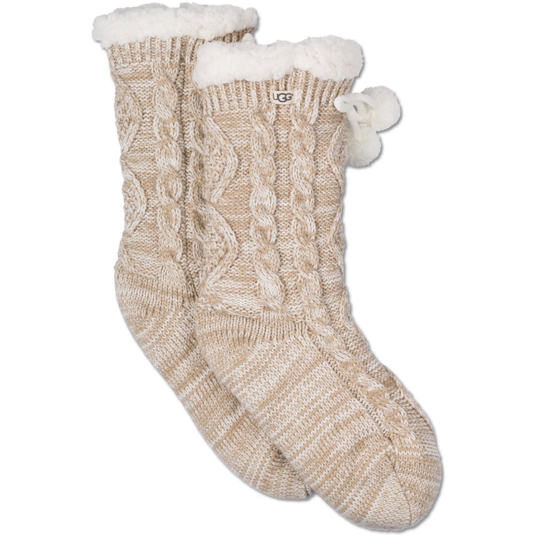 UGG Women's Fleece Lined Crew Socks with Pom Poms - Warm Winter Boot Socks for Women - Cozy Knit Slipper Socks for Cold Weather & Indoor Comfort (Cream)