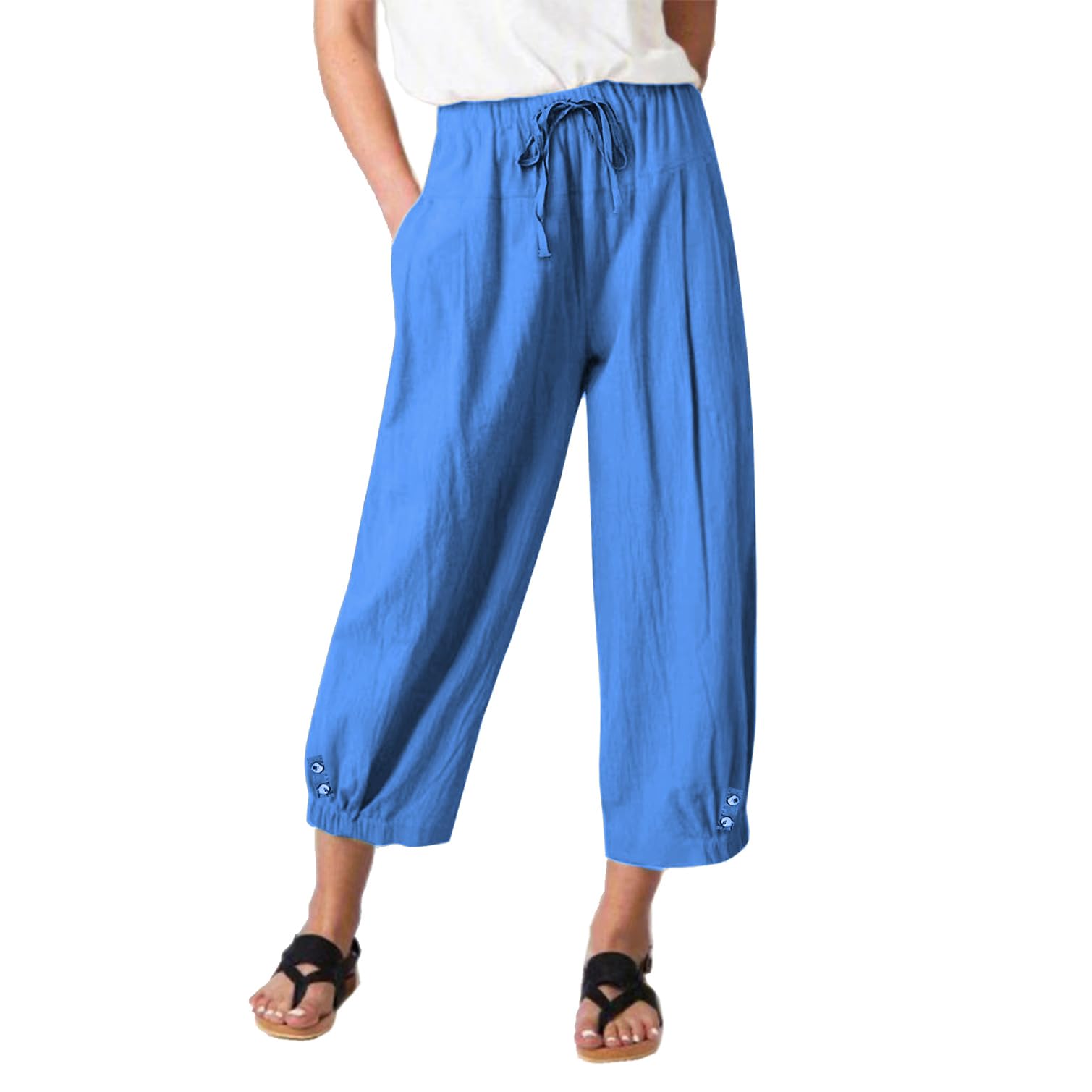 Women's High Waist Linen Wide Leg Cropped Pants - Casual Drawstring Capri Trousers for Summer, Beach & Boho Style Outfits