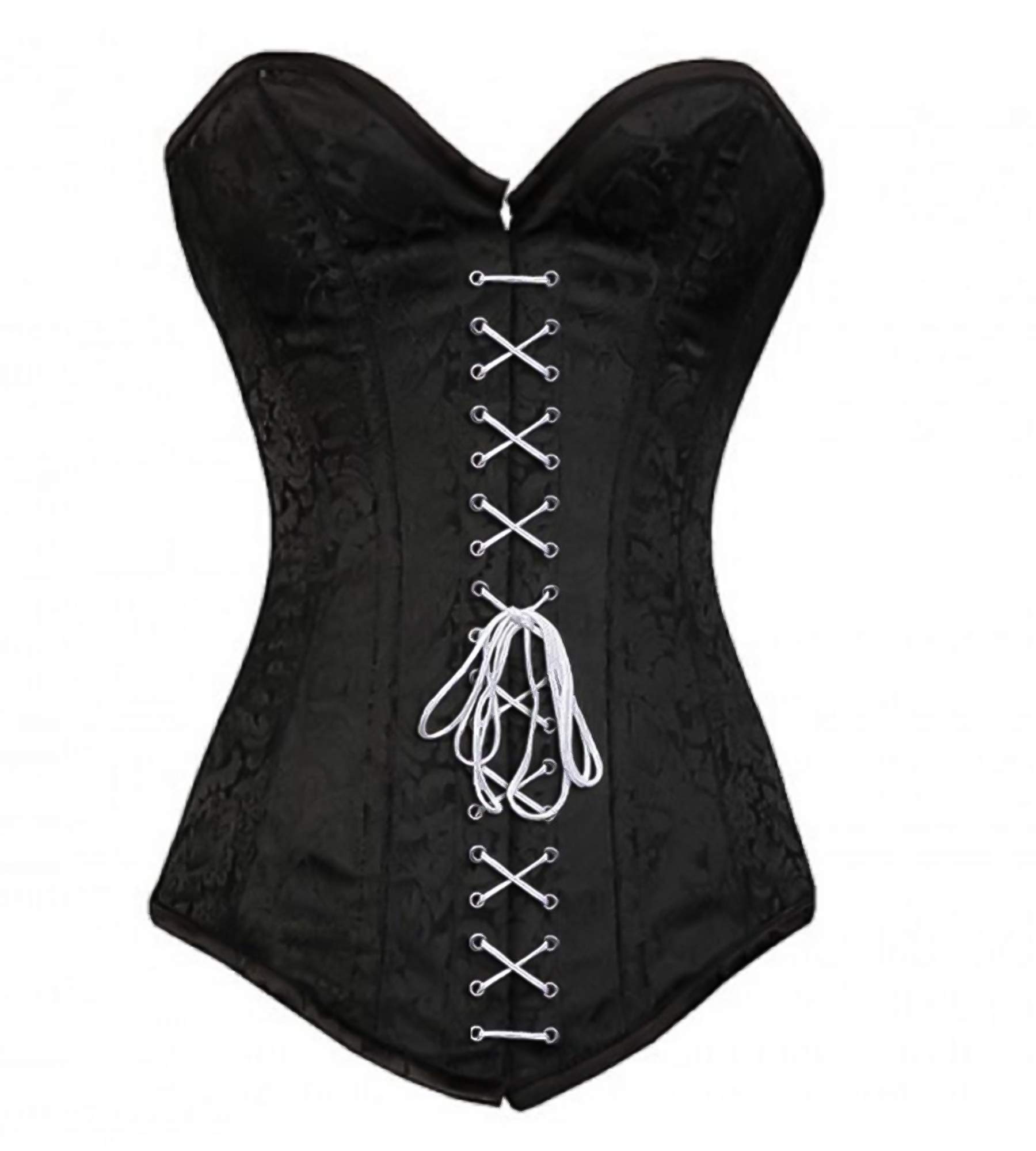 Black Gothic Corset with White Lace Front & Brocade Detail - Plus Size Overbust Bustier for Women | Perfect for Halloween Costumes, Cosplay, Burlesque Shows and Victorian Themed Parties