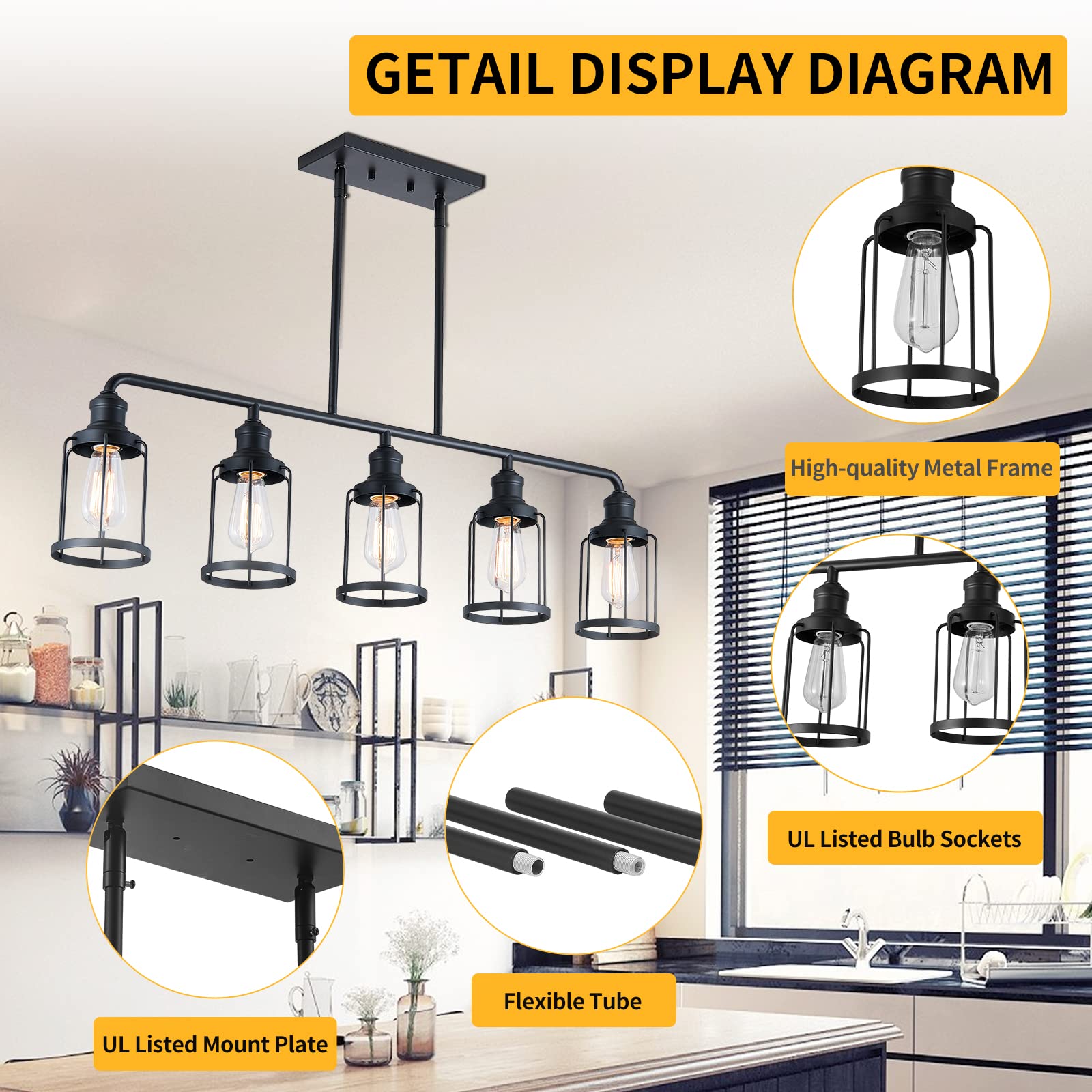 5-Light Black Metal Linear Pendant Light Fixture for Kitchen Island, Dining Room & Living Room - Modern Cage Style Lighting for Home Decor & Interior Design