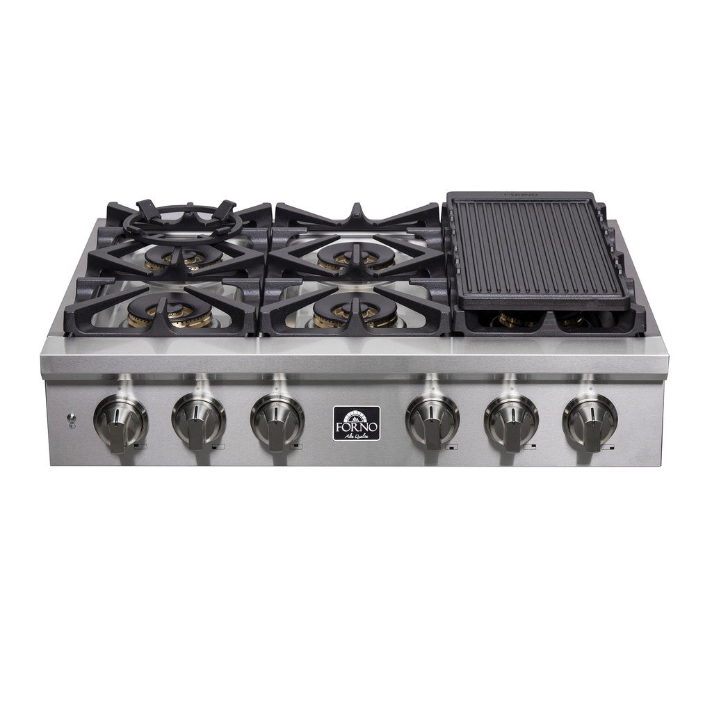 Forno Spezia 36 Inch 6 Burner Professional Gas Rangetop with Wok Ring & Griddle - Stainless Steel Commercial Cooktop (Model FCTGS5751 36) - Perfect for Restaurant Kitchens, Catering Services & Home Chef Cooking Stations