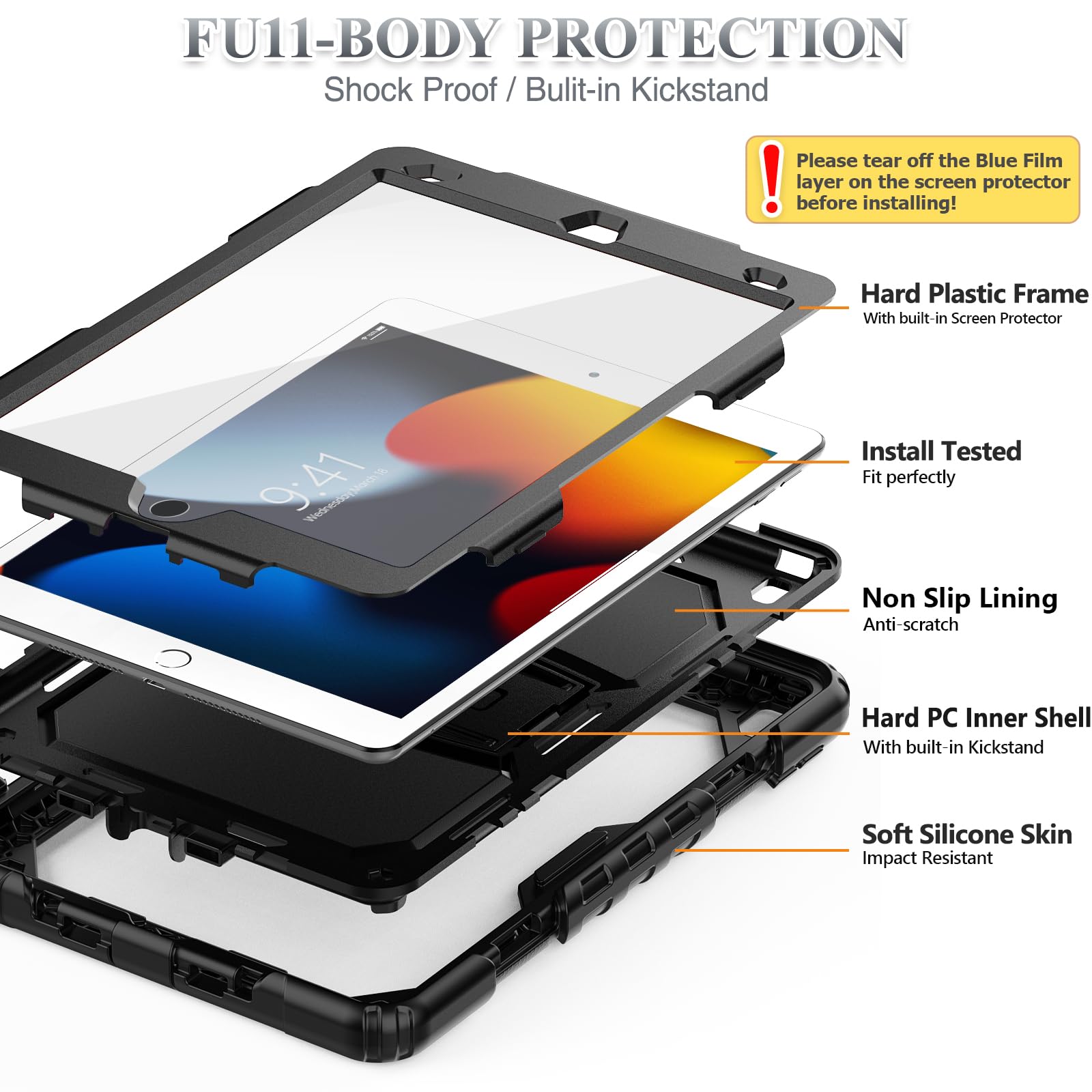 SEYMAC 3-Layer Drop Proof Case for iPad 9th/8th/7th Generation 10.2 Inch (2021/2020/2019) - Built-in Screen Protector, Multi-Angle Kickstand & Pencil Holder - Protective Cover for iPad 10.2