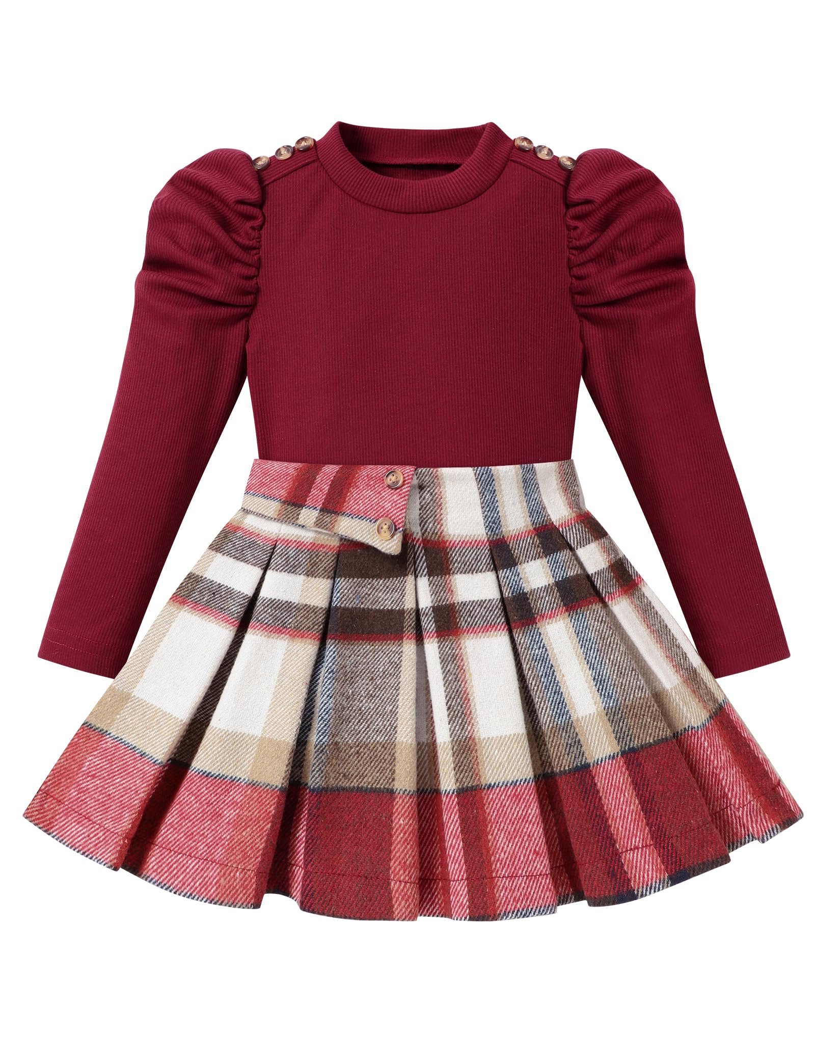 Fuermos Toddler Girl Outfit - 2PC Puff Sleeve Top & Pleated Plaid Skirt Set | Fall Winter Fashion Clothes for Girls | Perfect for School, Parties & Holiday Photos