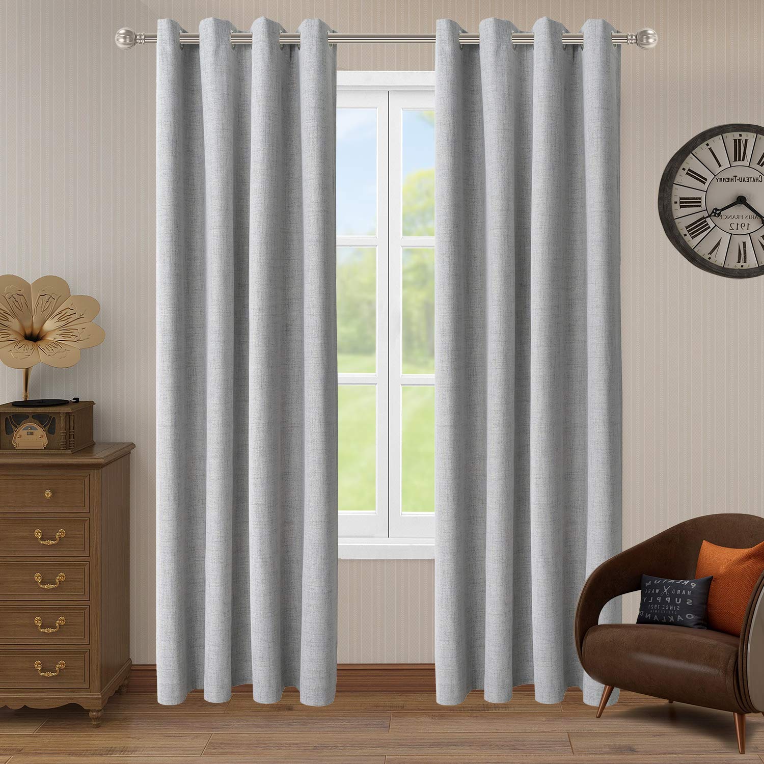 LORDTEX 100% Blackout Curtains for Bedroom & Kitchen - Thermal Insulated Light Blocking Drapes, Linen Textured Burlap Room Darkening Window Treatment (2 Panels, 52x95 Inches, Light Grey) - Perfect for Home Theater, Nursery & Shift Workers