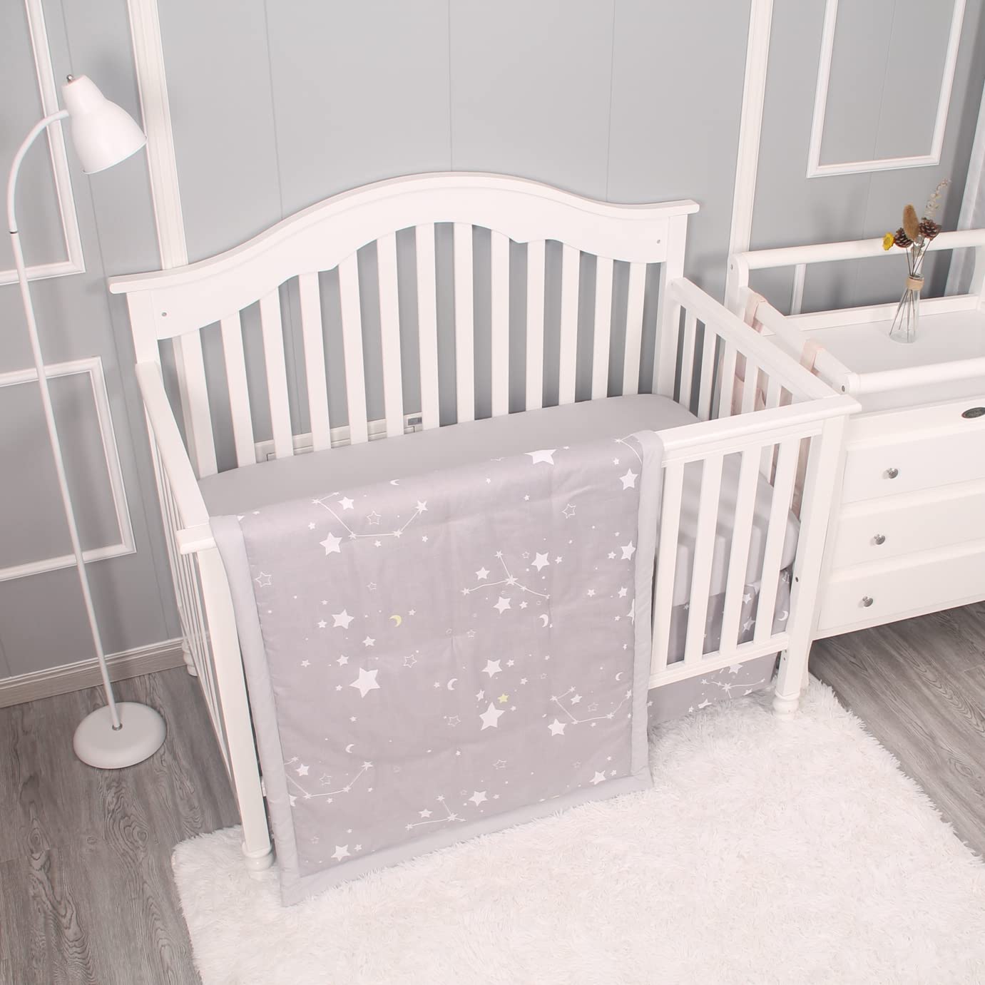 Belsden 3-Piece Baby Crib Bedding Set for Boys & Girls - Ultra Soft Nursery Bedding with Comforter, Fitted Crib Sheet & Crib Skirt - Star Light Grey - Perfect for Newborns, Infant Rooms & Baby Showers