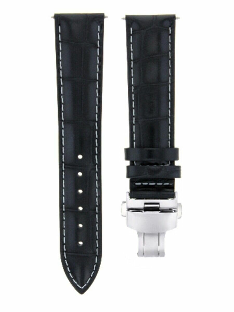 22mm Genuine Leather Watch Band Strap with Deployment Clasp - Compatible with Vacheron Constantin - Black with White Stitching - Premium Replacement Watch Strap for Men & Women - Dress Watch Accessory for Business & Formal Occasions