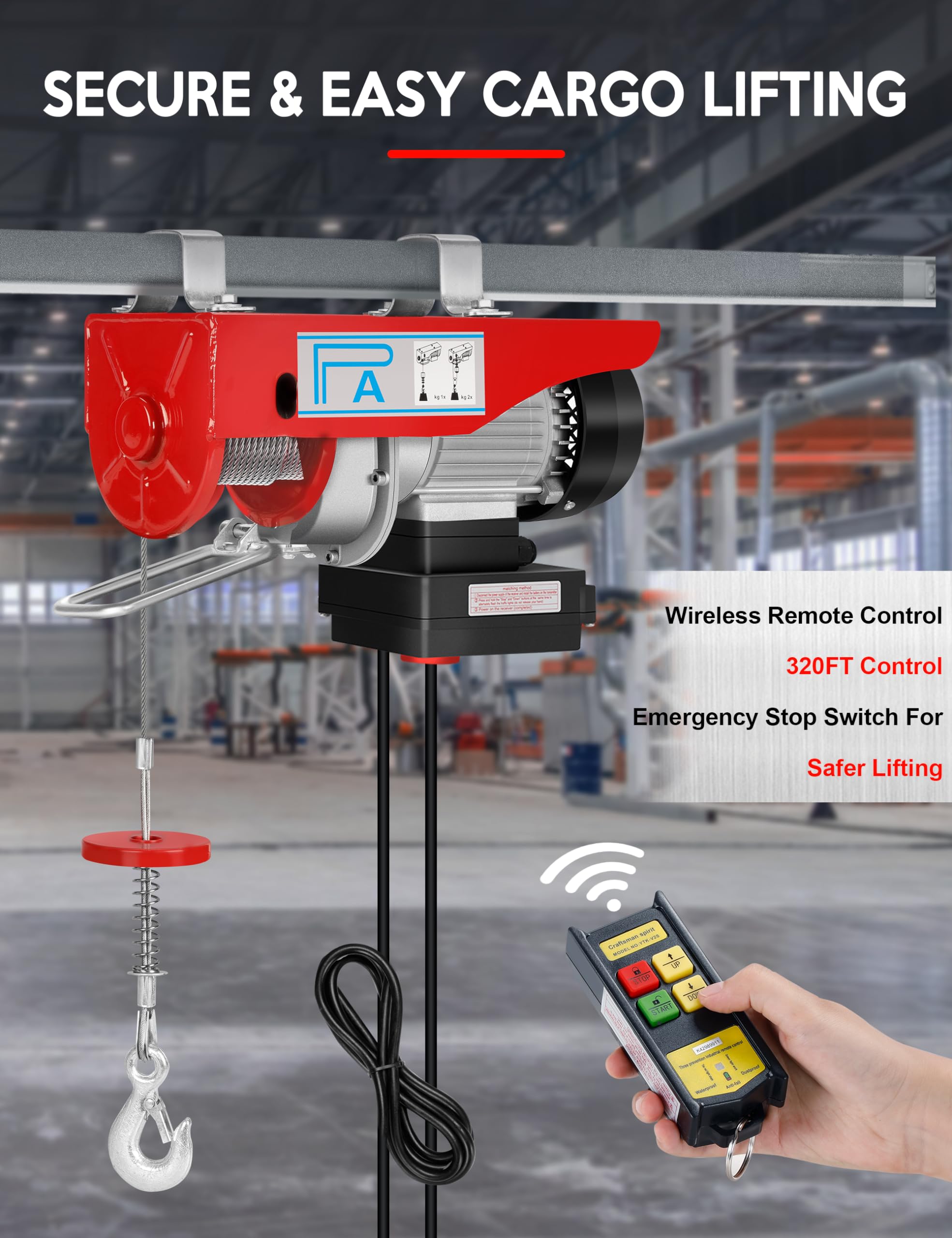 1320LBS Electric Hoist Winch with Wireless Remote Control - 1150W 110V Lifting System, 38ft Height Capacity for Garage, Ceiling Crane & Factory Use - Emergency Stop & Single/Double Slings - Heavy Duty Overhead Lifting Solution for Construction, Warehouse & Industrial Applications
