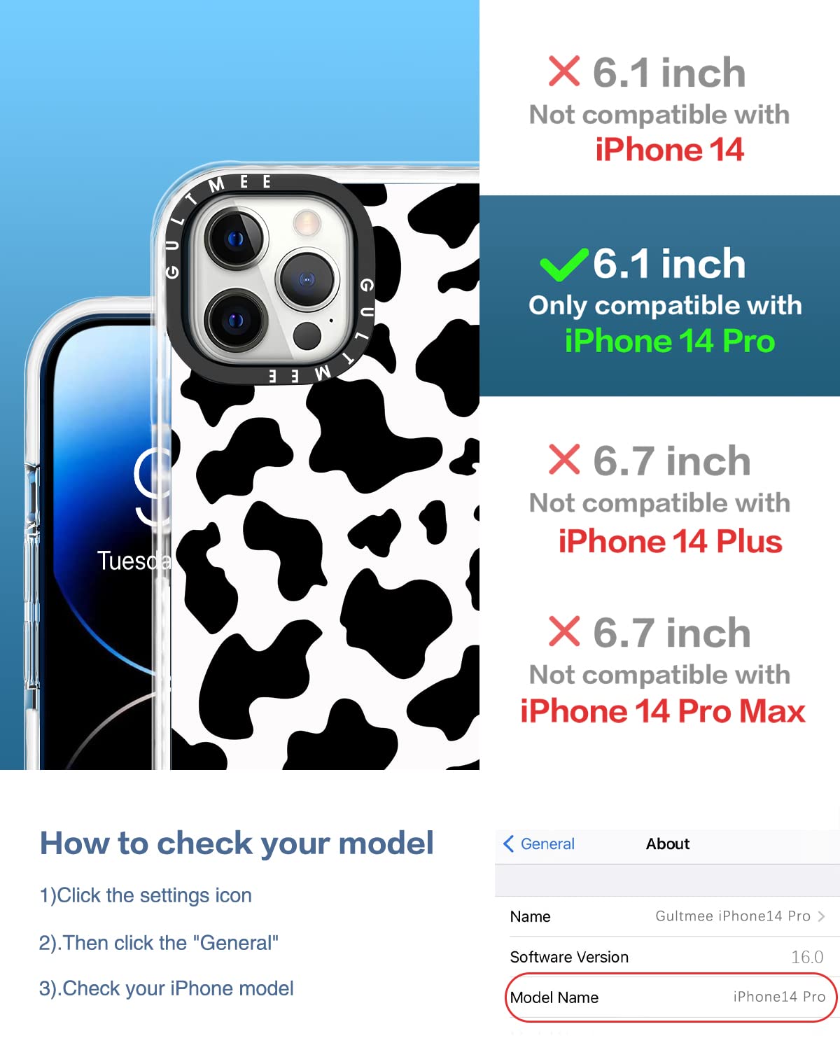 3 in 1 Cute Cow Print Shockproof iPhone 14 Pro Case with Built-in Bumper, Tempered Glass Screen Protector & Camera Lens Cover - 6.1