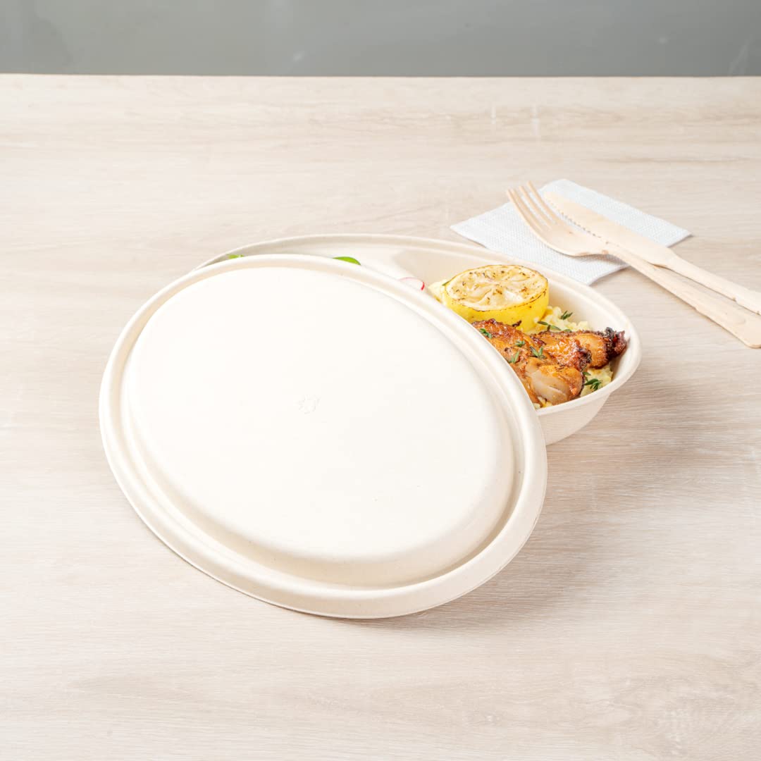 Eco-Friendly 100-Pack Oval Bagasse Lids for 21-OZ Sugarcane Bowls | Biodegradable & Compostable Disposable Lids | Perfect for Restaurants, Catering & Takeout Meals