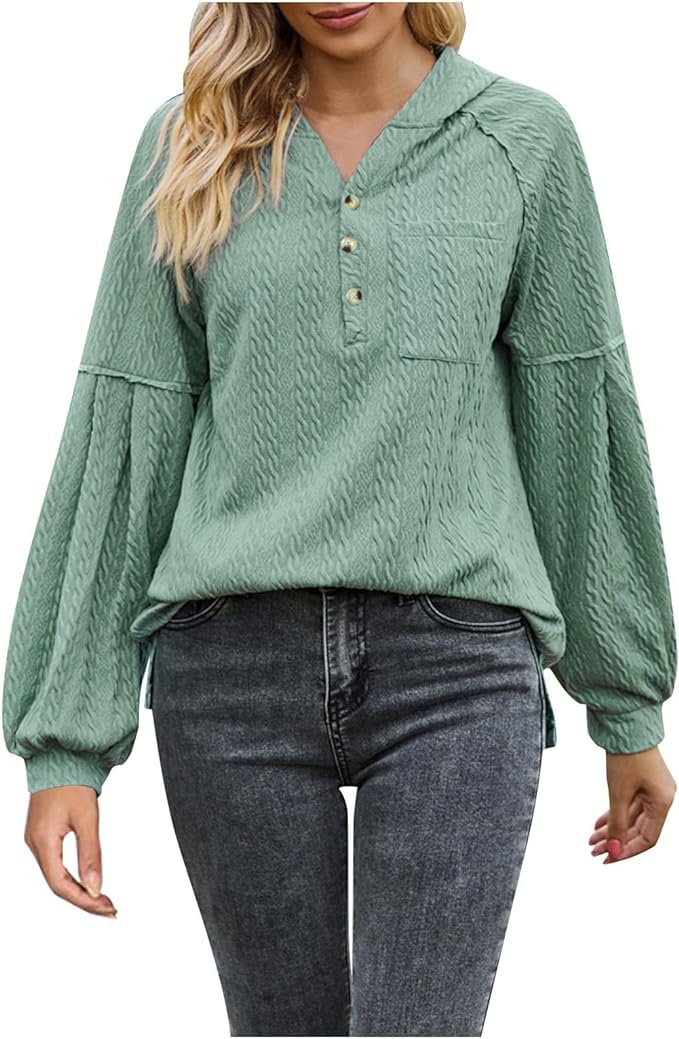 Women's Oversized Hooded Sweatshirt - Casual Long Sleeve Button Down Collar Pullover Top with Pockets | Cozy Knit Fashion for Lounge, Travel & Streetwear Outfits