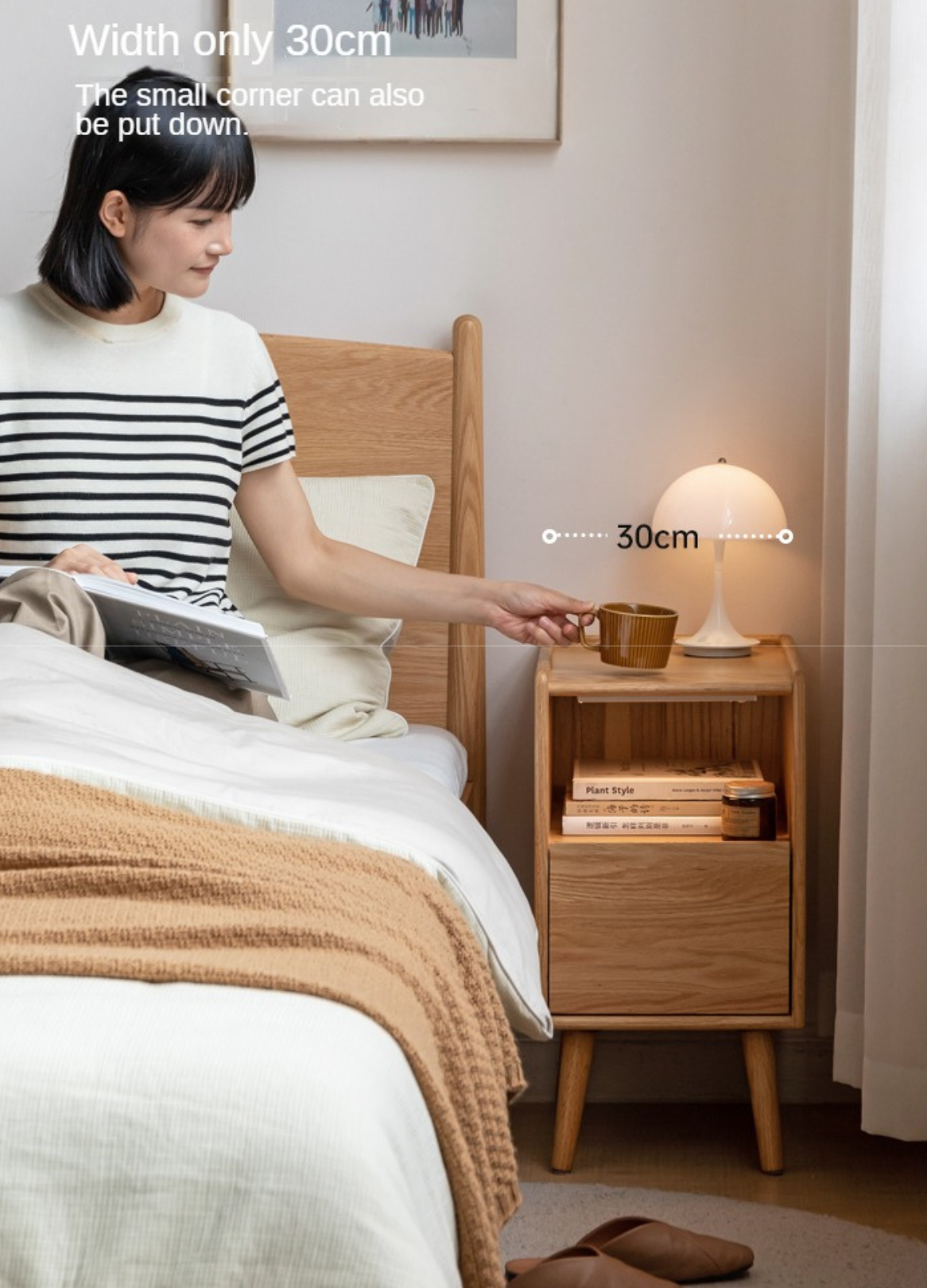 Solid Wood Ultra Narrow Nightstand - Oak, Rubber, Cherry - Perfect for Small Bedrooms, Apartments & Tight Spaces