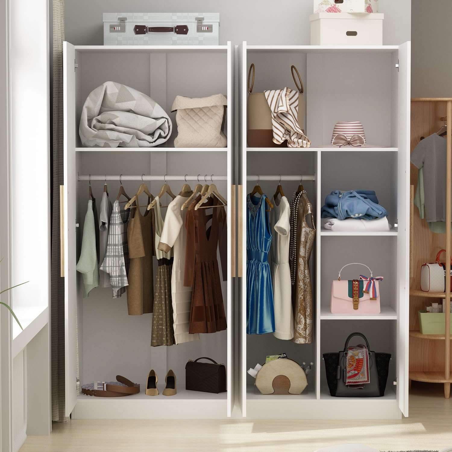 AIEGLE 4-Door Freestanding Wardrobe Armoire Closet with Shelves & 3 Hanging Rods - 63