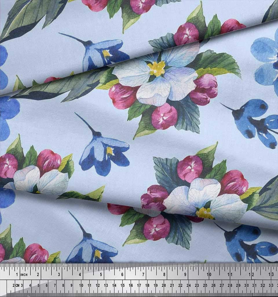 Soimoi Georgette Viscose Green Fabric by The Yard - 42 Inch Wide Printed Fabric with Leaves & Lavender Blue Flower Design - Nature-Inspired Elegance for Dresses, Scarves & Home Decor