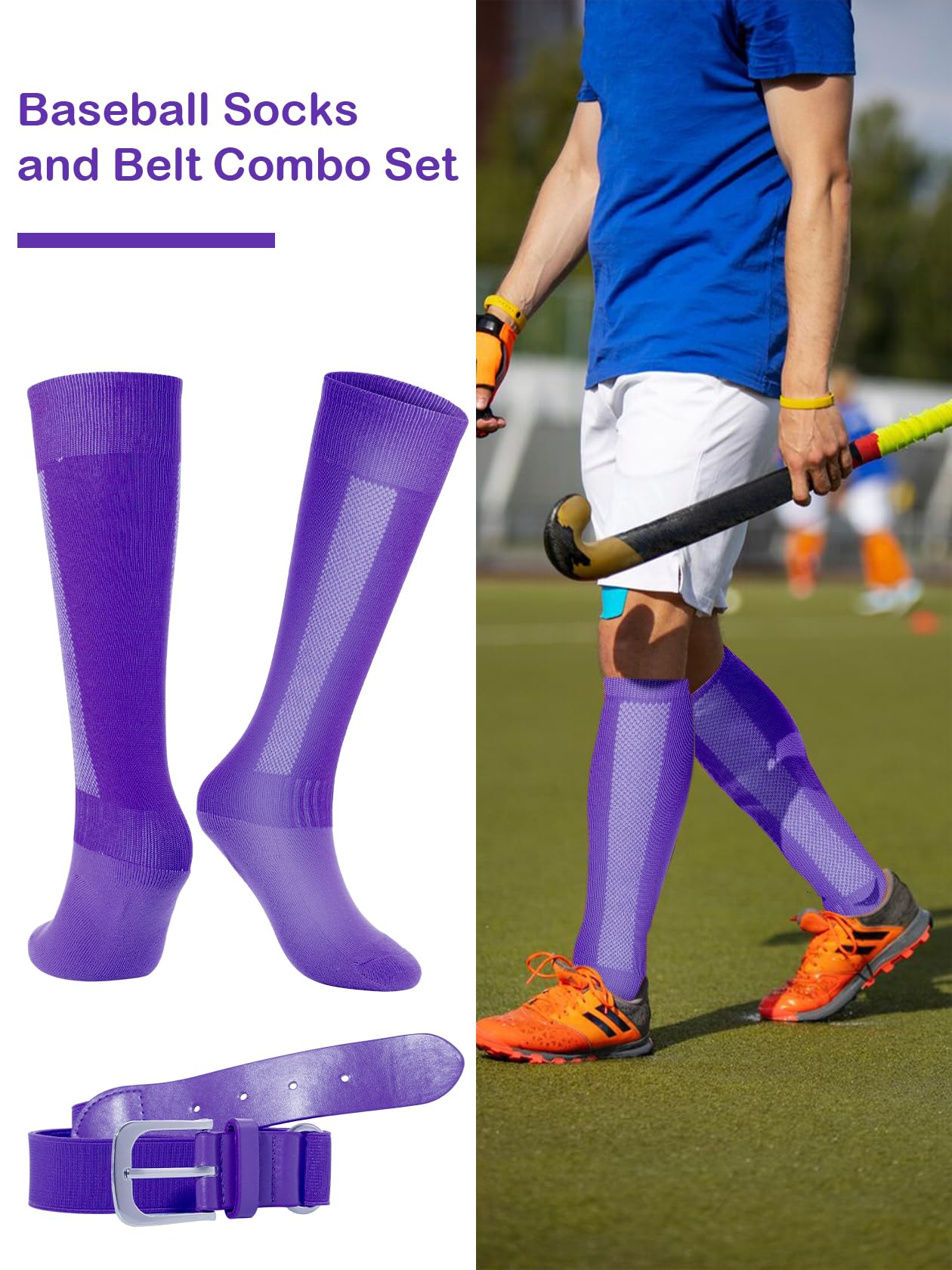 Baseball & Softball Socks with Elastic Waist Belt Combo - Youth & Adult Sizes (2 Pairs Socks + 1 Belt) - Perfect for Baseball Games, Practice & Sports Uniforms