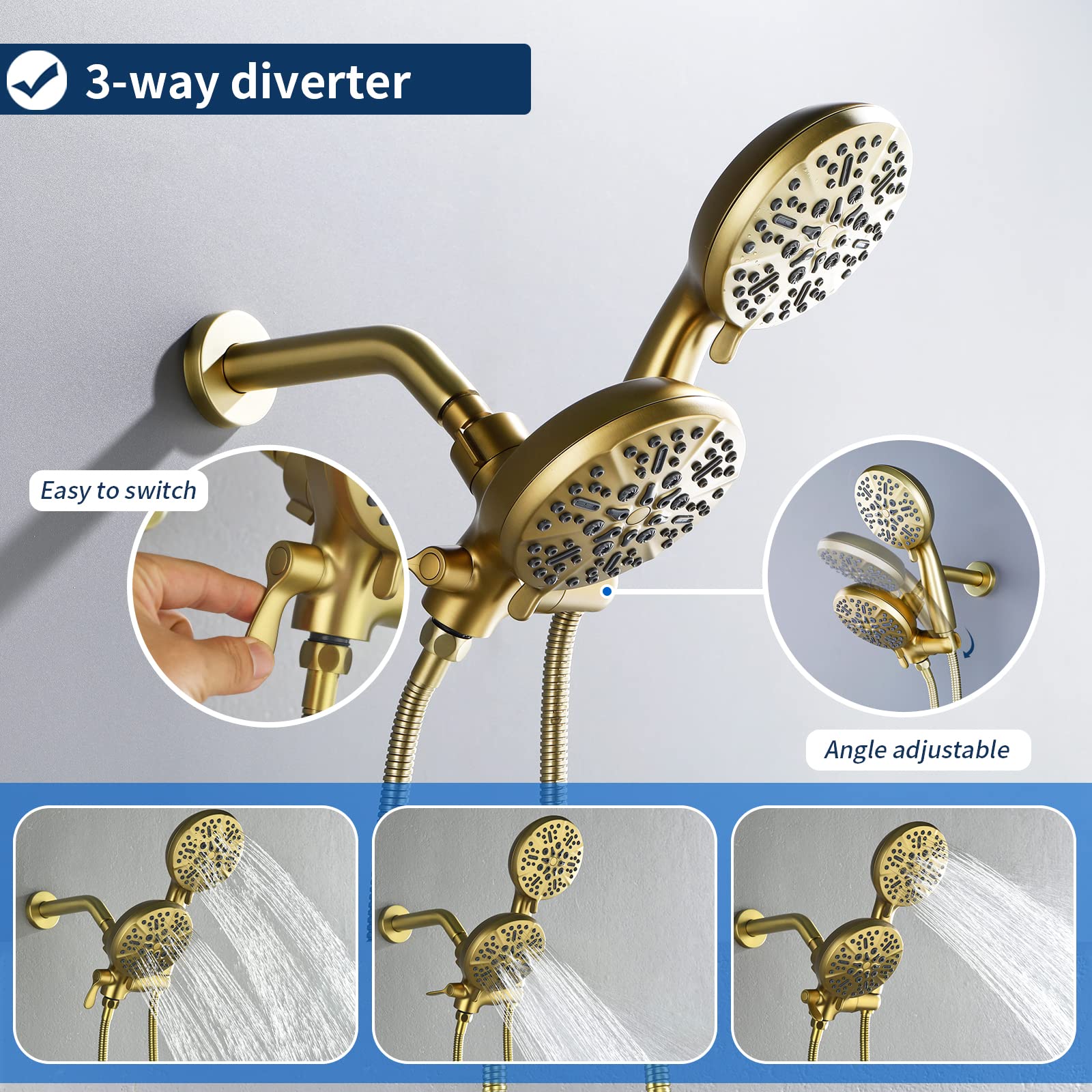 3 Handle Shower Faucet Set with Tub Spout - Complete Bathtub Shower System in Brushed Gold - Perfect for Bathroom Renovation & Luxury Spa Experience