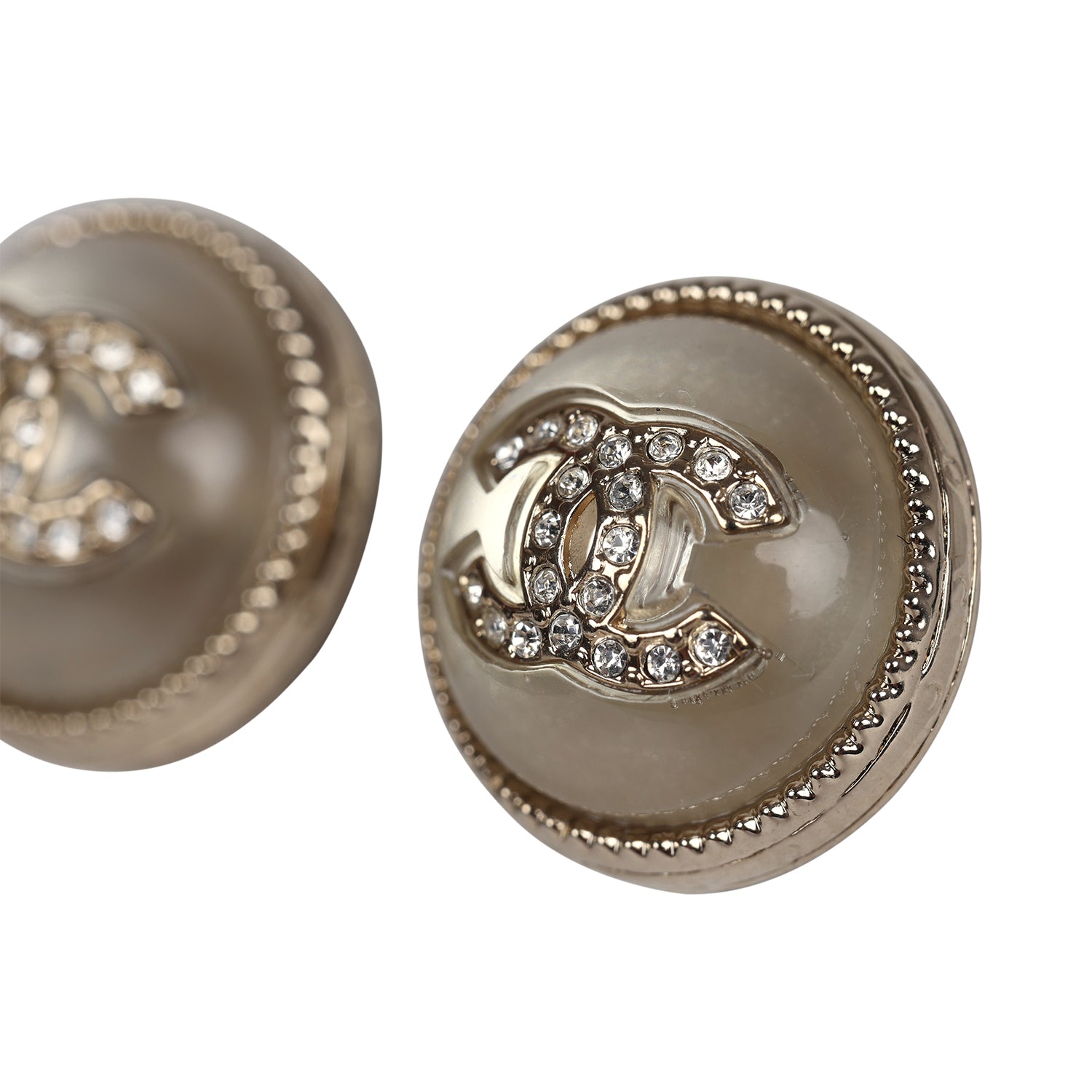 Chanel Crystal CC Round Pearl Button Earrings - Light Gold Hardware | Luxury Fashion Jewelry for Women, Perfect for Parties, Weddings & Special Occasions