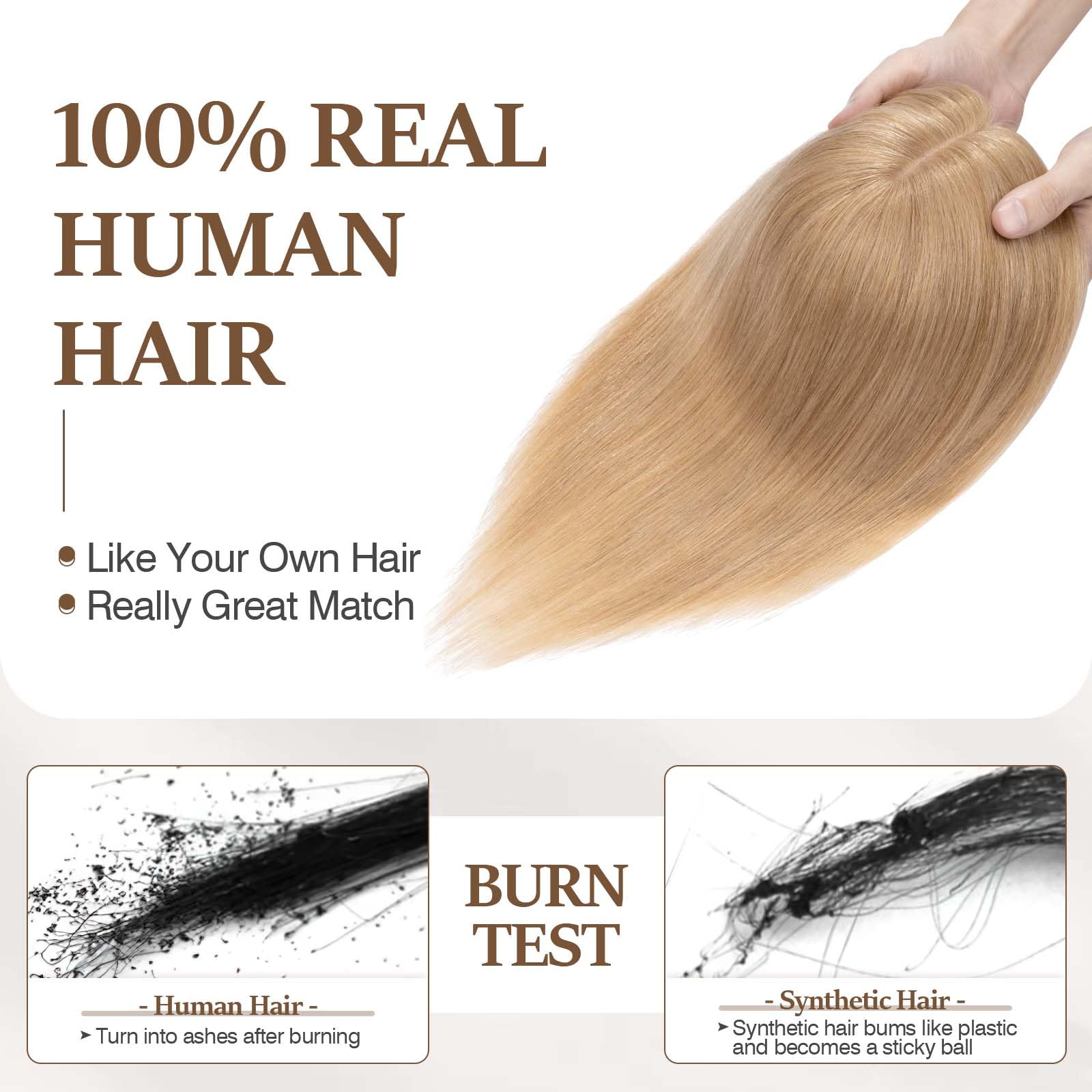 100% Human Hair Toppers for Women - Remy Clip-In Hair Topper with Silk Base for Thinning Hair | 14 Inch Dark Blonde (#27) | Natural Looking Hairpiece for Daily Wear, Parties & Special Occasions