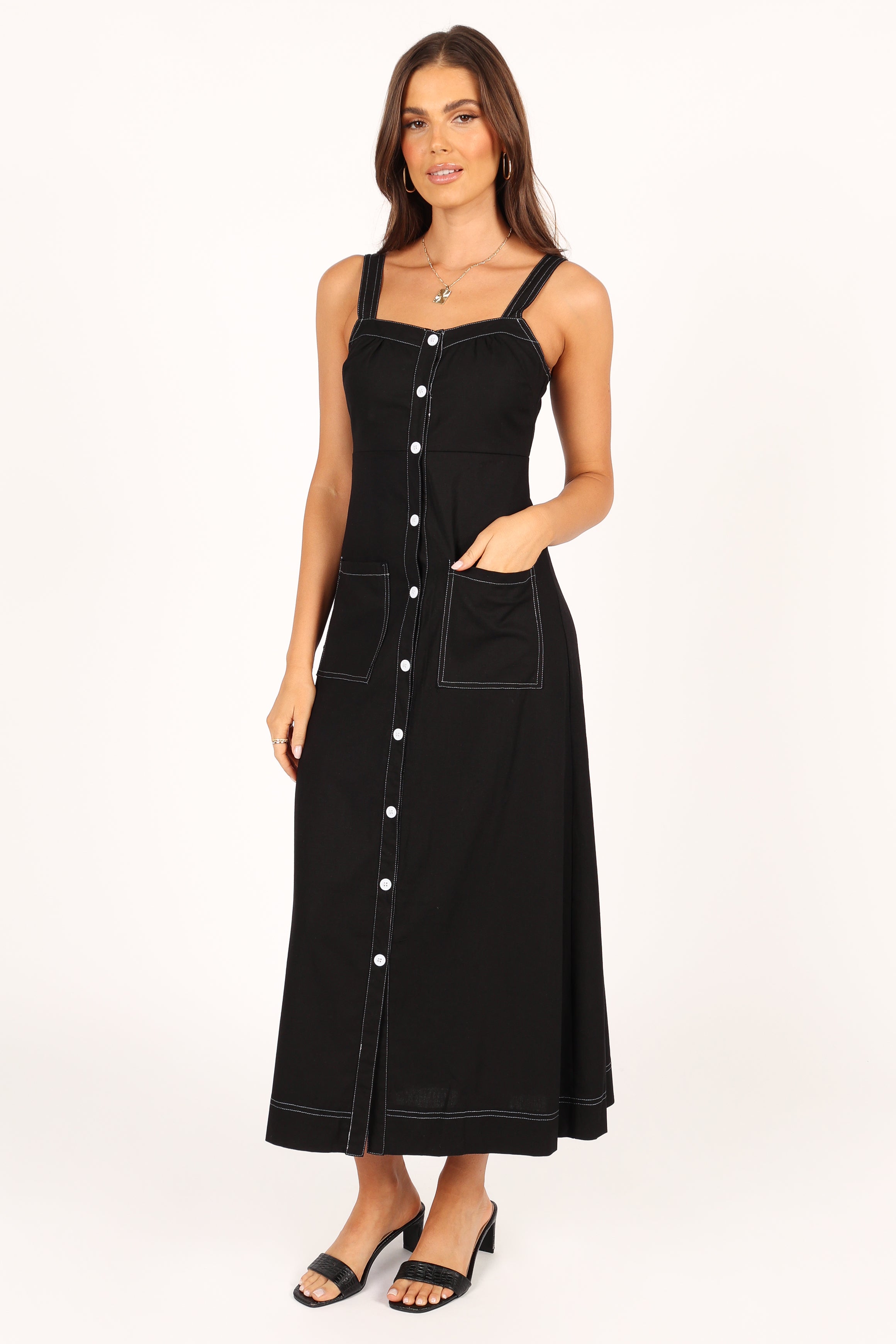 Stylish Estelle Contrast Stitch Midi Dress in Black - Perfect for Office Wear, Cocktail Parties & Date Nights