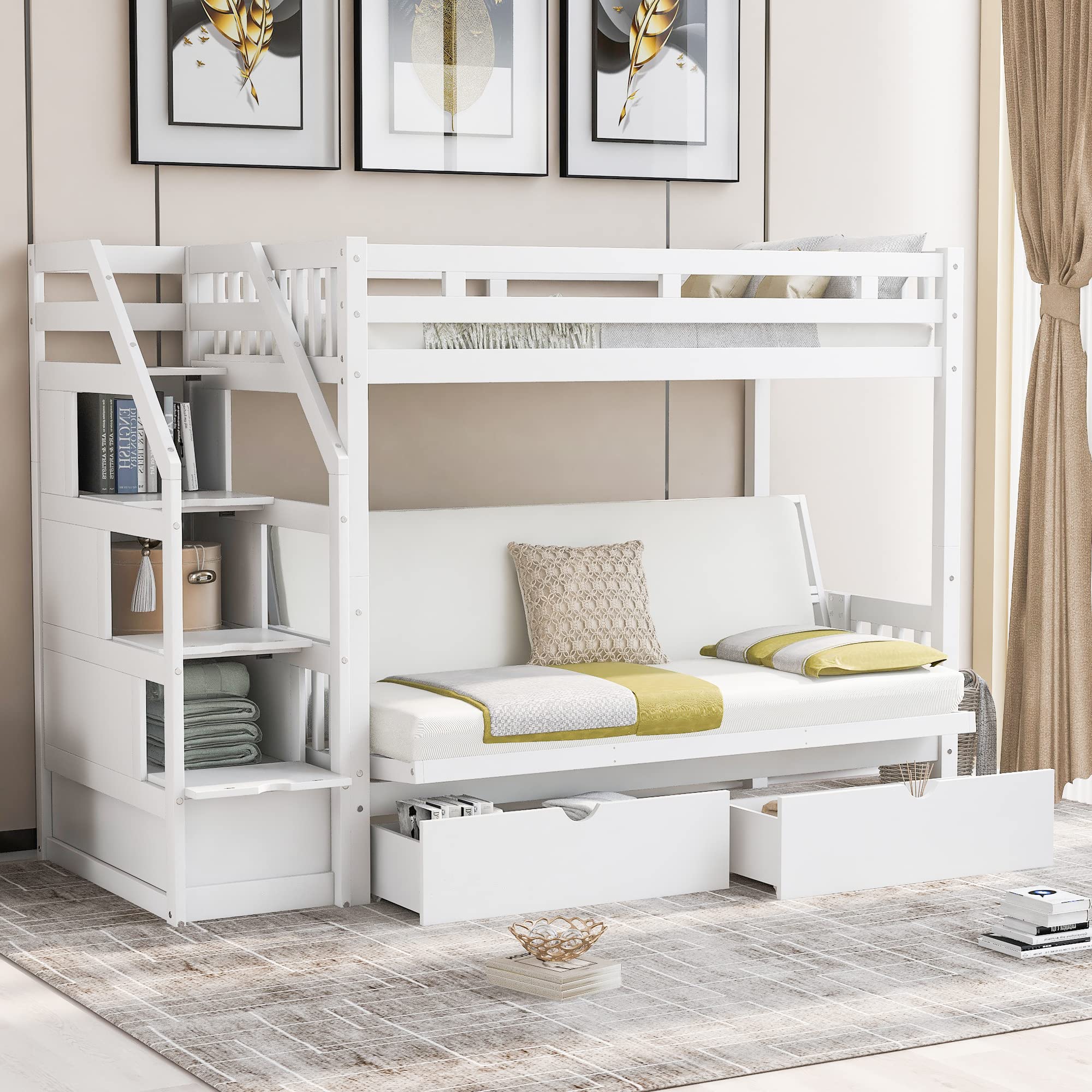 Convertible Twin Over Full Bunk Bed with 2 Storage Drawers & Staircase - Wooden Loft Bed Frame with Full-Length Guardrail, Daybed Function for Boys Girls Bedroom (White) - Perfect for Kids Rooms, Guest Rooms & Small Spaces