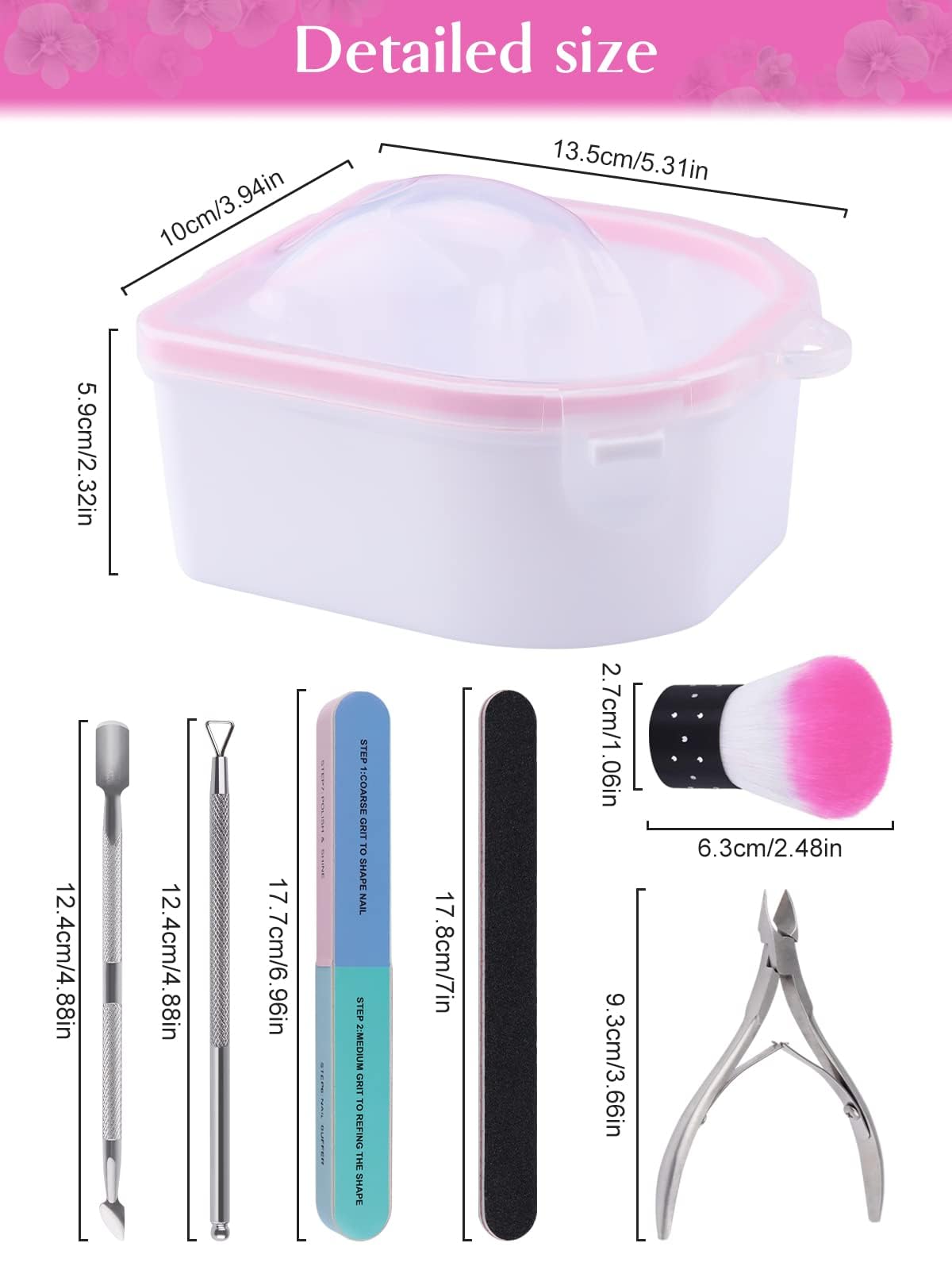 8PCS Nail Soak Bowl Set with Tools for Manicure & Pedicure at Home/Salon - Pink