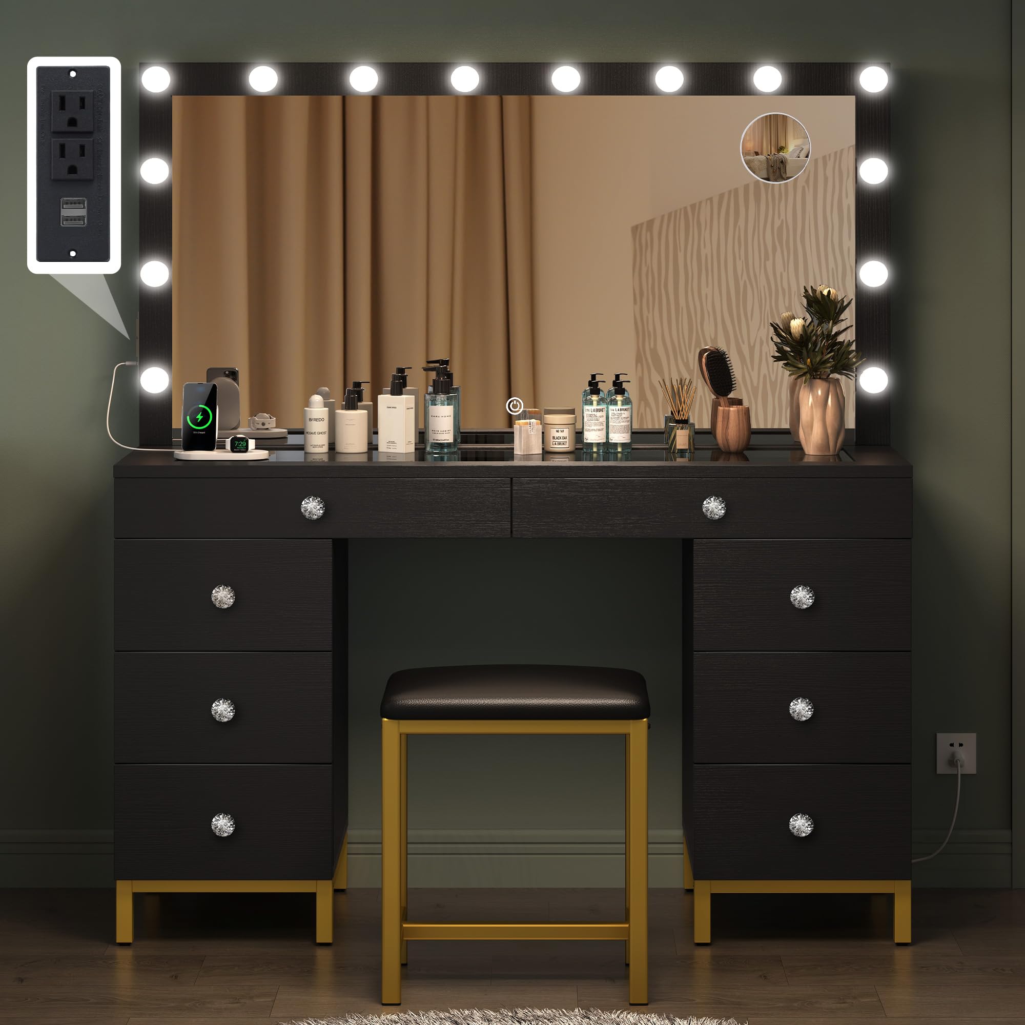YITAHOME Vanity Desk with Mirror, Power Outlet & 14 LED Lights, Makeup Dressing Table with 8 Drawers, 3 Adjustable Lighting Colors - Perfect for Bedroom, Dressing Room & Home Salon (Black)