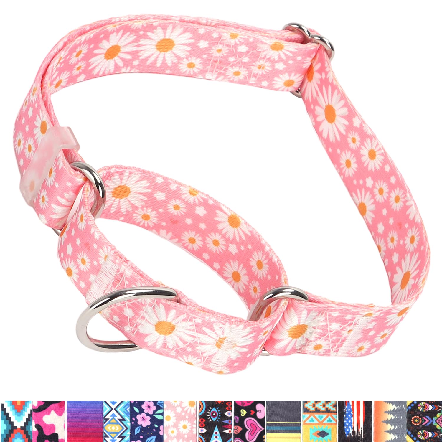 Martingale Dog Collar - No-Slip Escape Proof Choke Free Training Collar - Adjustable Soft Nylon Pet Collar for Small Medium Large Dogs - Pink Daisy Floral Design - Perfect for Walks, Training & Outdoor Adventures