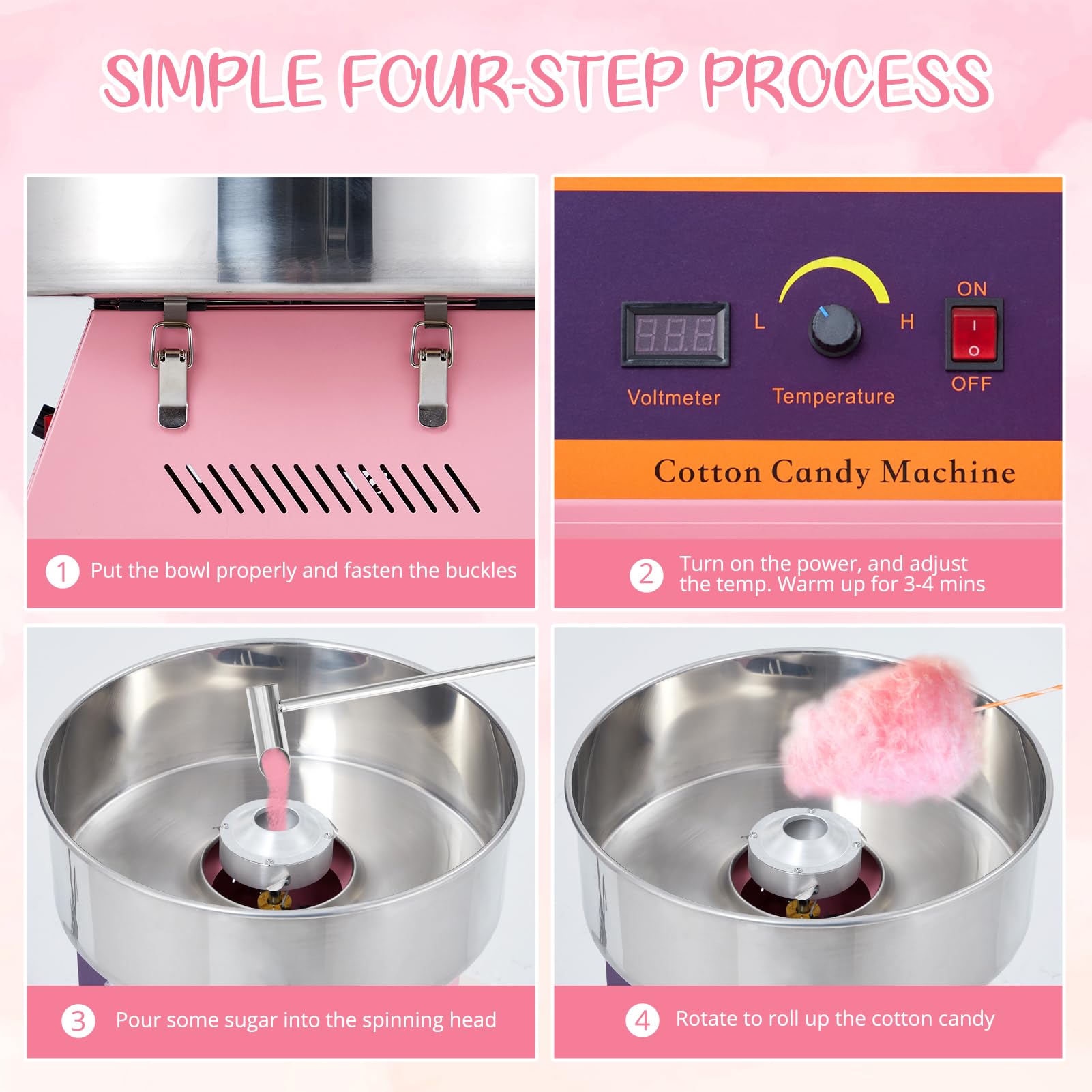 GAOMON 1030W Commercial Cotton Candy Machine with Stainless Steel Bowl & Sugar Scoop - Pink Candy Floss Maker for Home, Parties, Carnivals, Fairs, and Events - Perfect for Birthday Celebrations, Wedding Receptions, and School Fundraisers