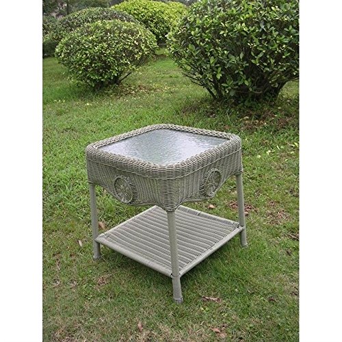 Pemberly Row Glass Top Patio End Table in Moss Green - Outdoor Side Table for Garden, Balcony & Poolside Decor
