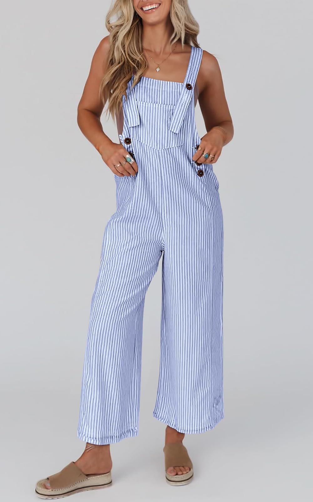 PRETTYGARDEN Women's 2025 Summer Casual Sleeveless Wide Leg Button Front Striped Jumpsuit - Trendy Romper for Beach, Vacation & Everyday Outfits