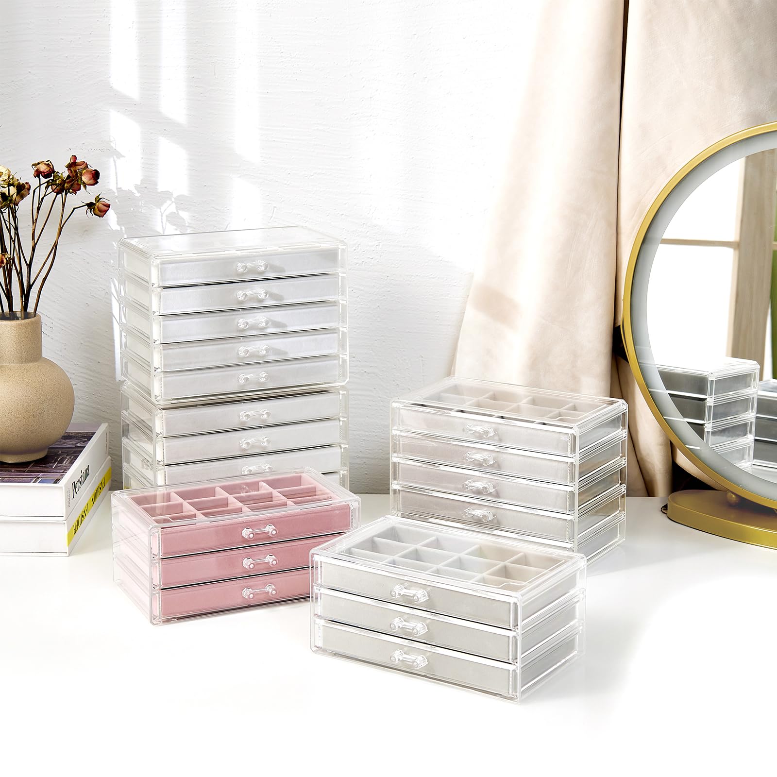 ProCase Acrylic 3-Drawer Jewelry Box with Adjustable Velvet Trays - Clear Earring Holder Organizer for Women, Warm White | Perfect for Bedroom Vanity, Travel & Gift Giving