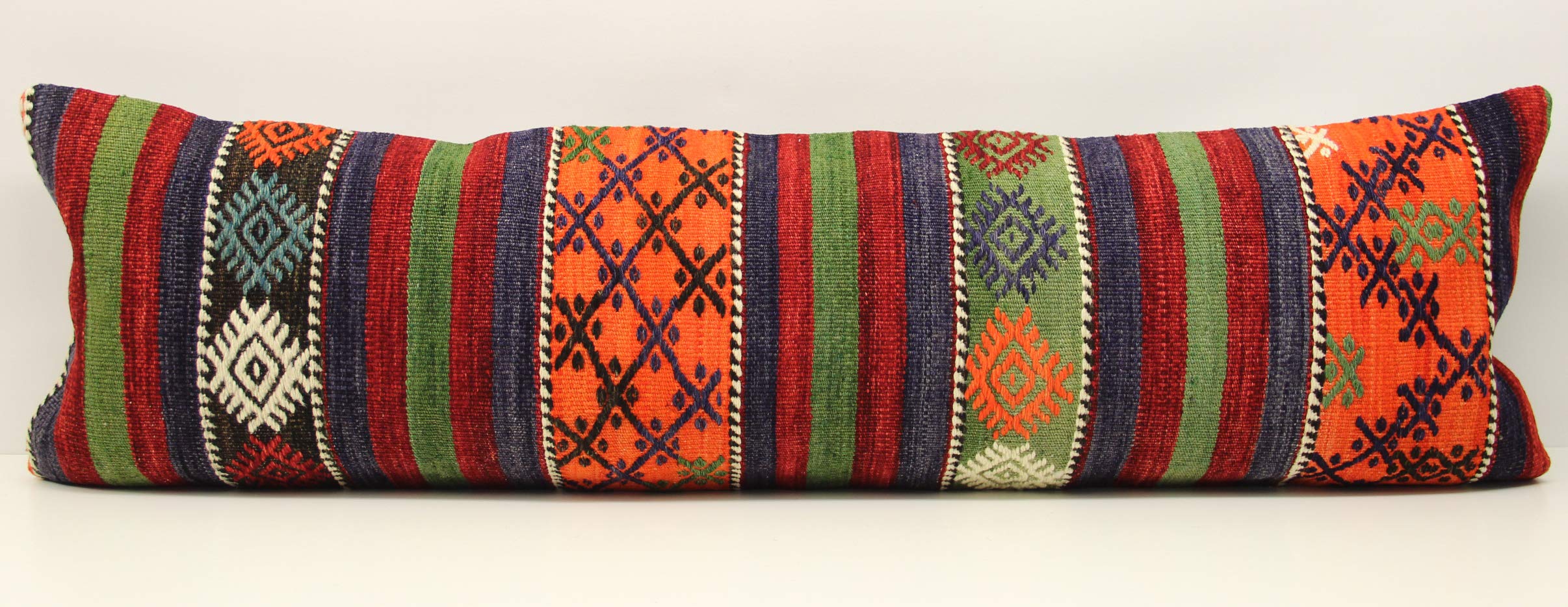 King Size Kilim Pillow Cover 14x47 Inches (35x120 cm) - Handwoven Bohemian Lumbar Pillow Case for Sofa, Bed, Couch - Twin Extra Long Decorative Throw Pillow Cover for Home Decor