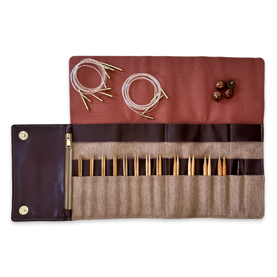 Premium 5 Inch Olive Wood Interchangeable Circular Knitting Needles Set with Leather Case - 29 Piece Complete Kit for Sweaters, Socks & Scarves | Perfect for Travel & Home Crafting