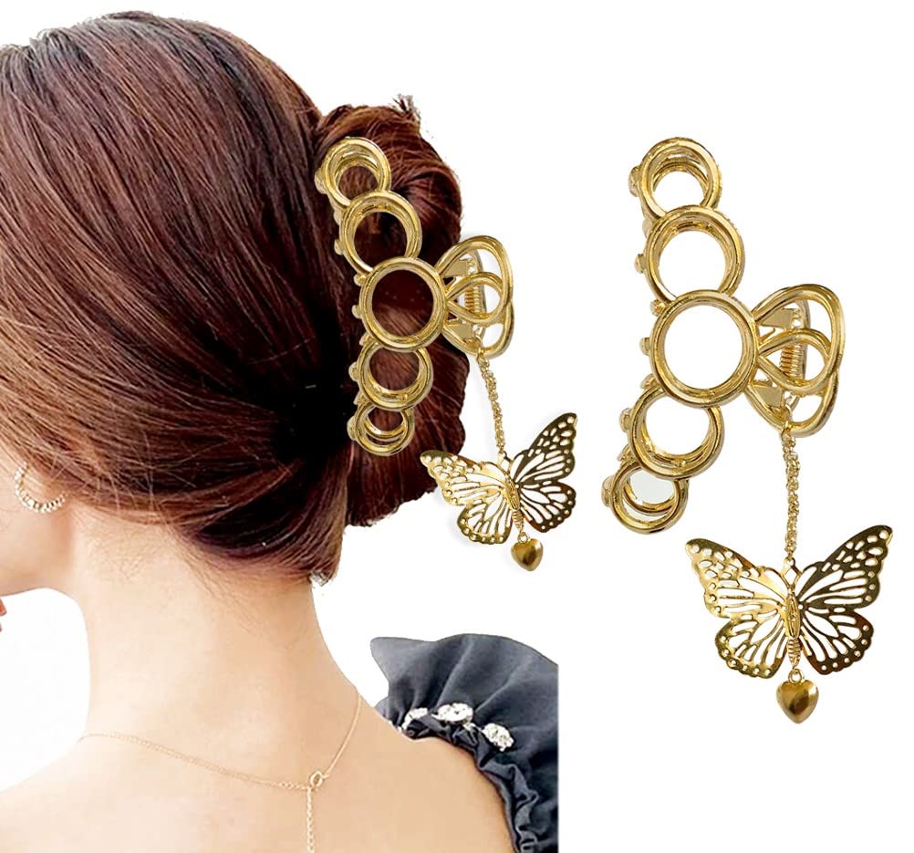ANNACREATIONS Golden Circle Large Metal Butterfly Hair Clip with Tassel - Elegant Hair Claw Clutch for Women & Girls (Style-7) | Perfect for Weddings, Parties and Everyday Hair Accessories