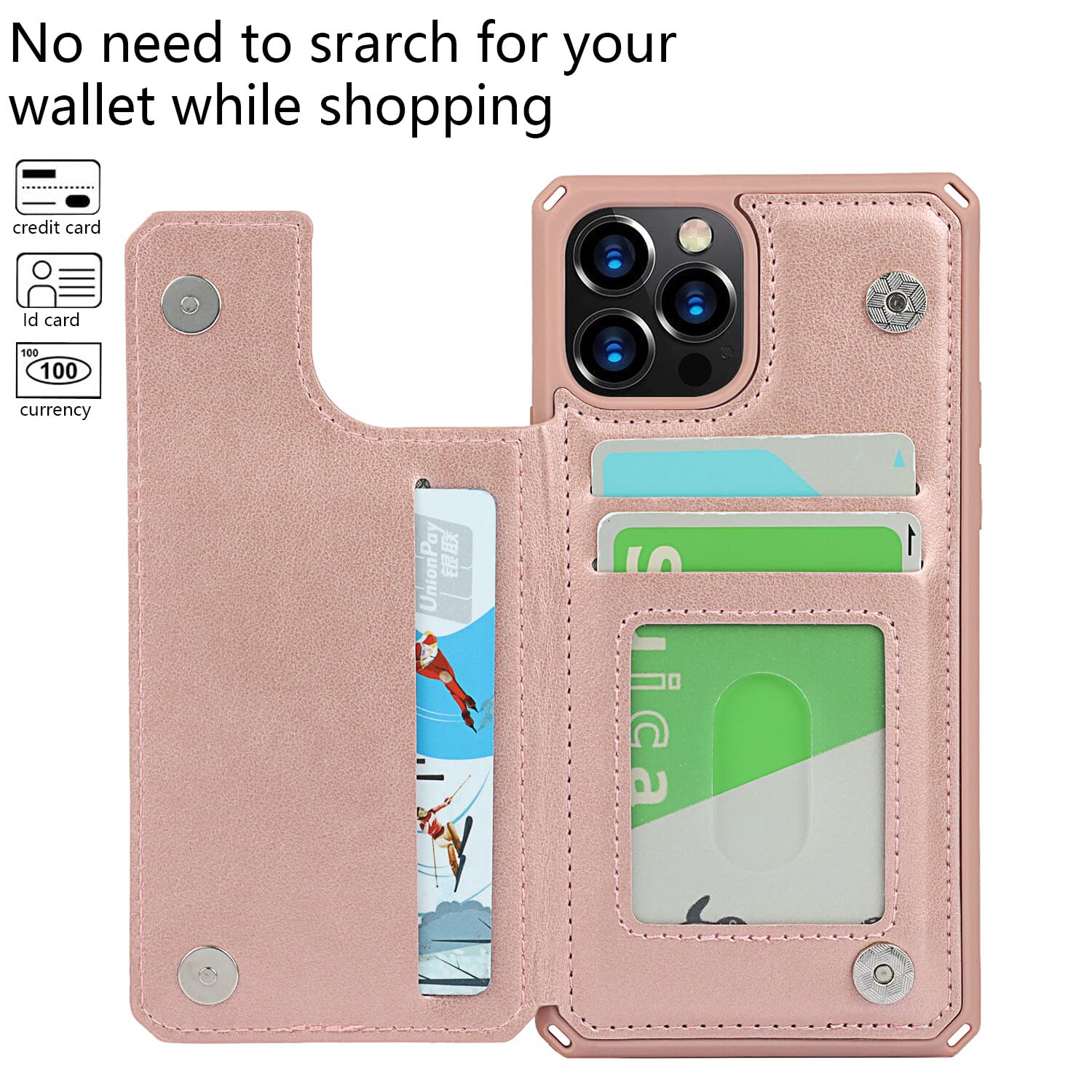 Premium Leather iPhone 12 Case with Card Holder & Stand - Shockproof Wallet Phone Cover for iPhone 12/12 Pro (Rose Gold) - Perfect for Work, Travel & Everyday Protection