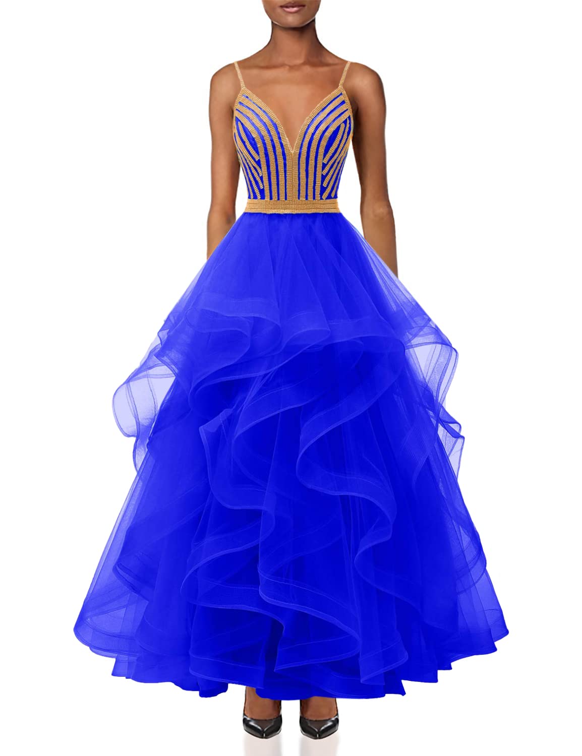 Chupeng Women's Gold Crystal Tiered Tulle Prom Dress - Elegant Spaghetti Strap Long Formal Evening Gown for Party, Cocktail, Ball & Wedding Events | Plus Size Options Available