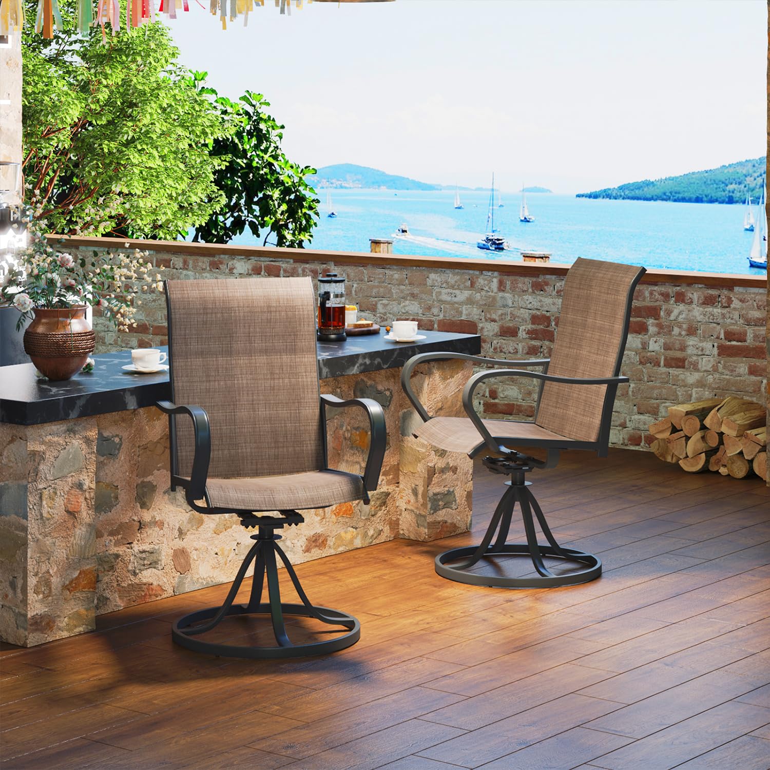 Aoxun 2-Pack Textilene Swivel Outdoor Rocker Patio Chairs Set - Comfortable Lawn & Garden Furniture for Backyard, Poolside & Deck Relaxation (Brown)