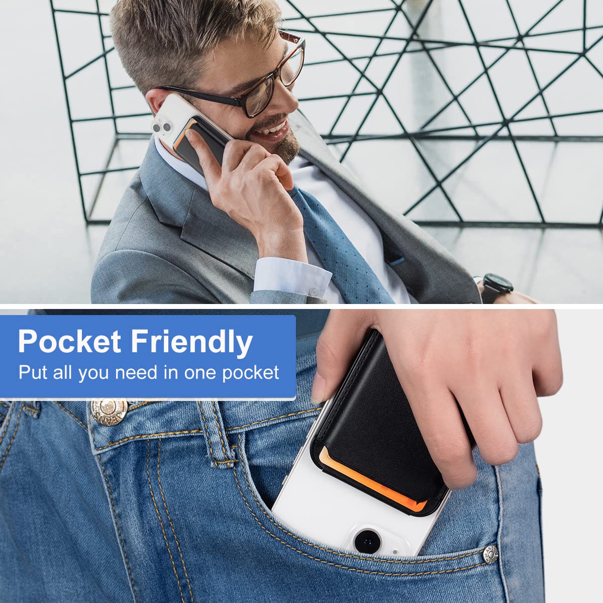 Magnetic Leather Phone Wallet Holder for iPhone - Compatible with iPhone 14/13/12 Series with MagSafe & Magnetic Case Phones - Slim RFID Blocking Card Holder - Perfect for Travel, Shopping & Daily Use (Black)
