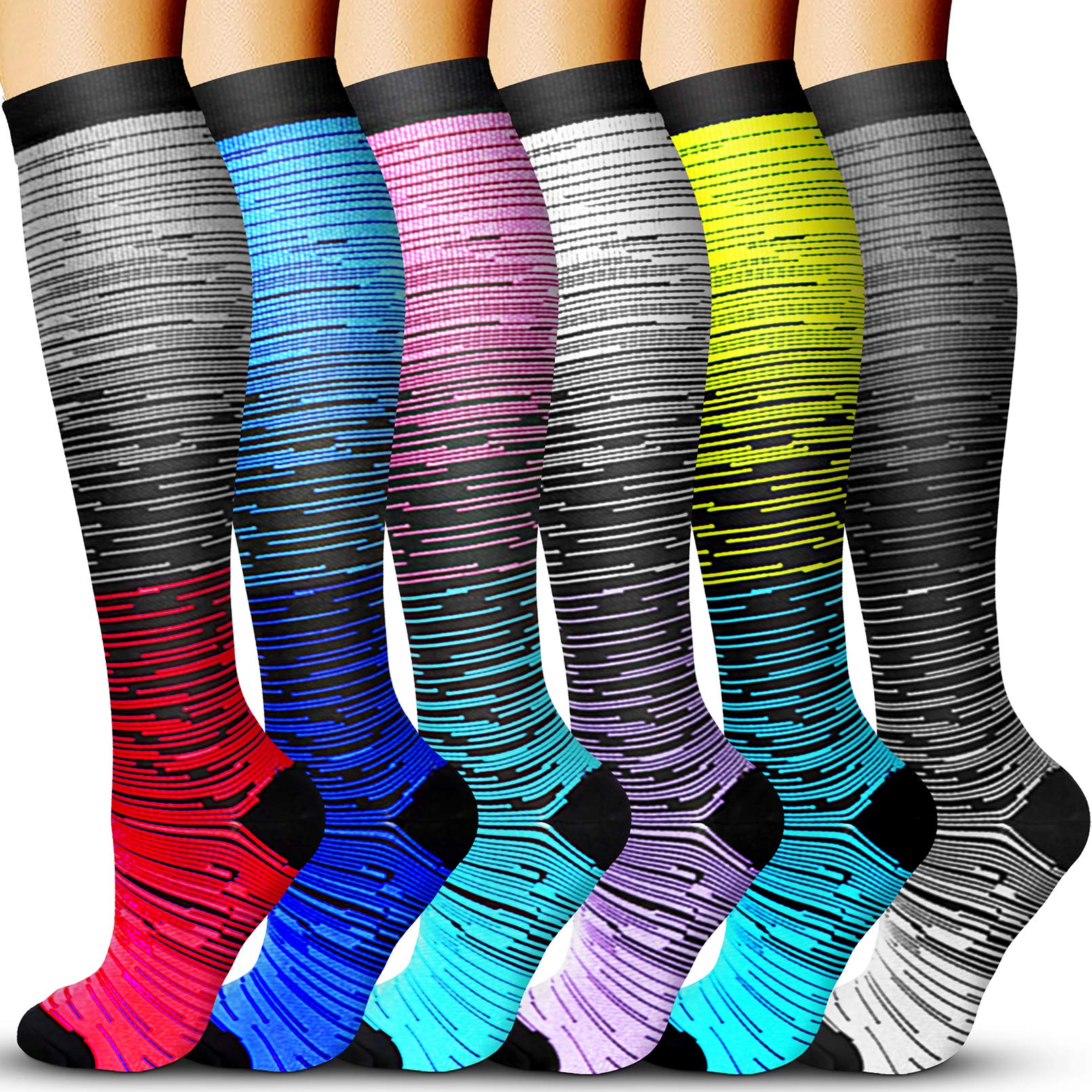 Acture 6 Pairs Compression Socks for Men & Women (15-20mmHg) - Best for Running, Sports, Medical Support, Pregnancy & Travel - Improve Circulation & Reduce Swelling for Athletes, Nurses & Frequent Flyers