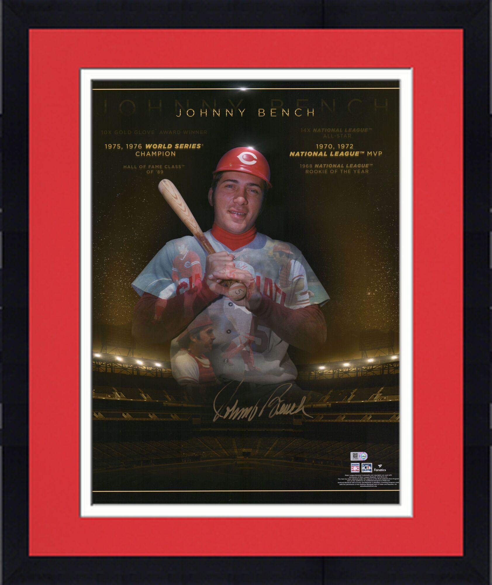 Authentic Johnny Bench Autographed 16x20 Cincinnati Reds MLB Photo - Framed Memorabilia for Sports Fans & Collectors - Perfect for Man Cave, Sports Bar, or Gift